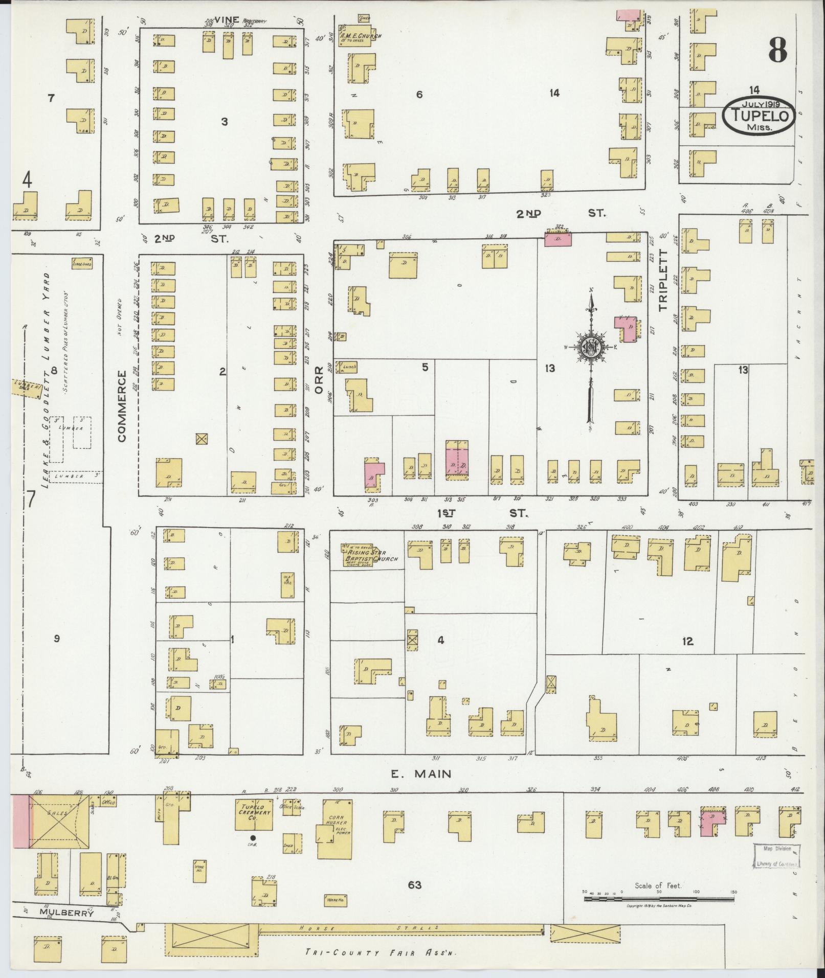Sanborn Fire Insurance Map from Tupelo, Lee County, Mississippi (1919), Sheet #0008 - Historic Sanborn Fire Insurance Map Print, vintage old map wall art, antique decor, genealogy gift, Mississippi Mississippi map