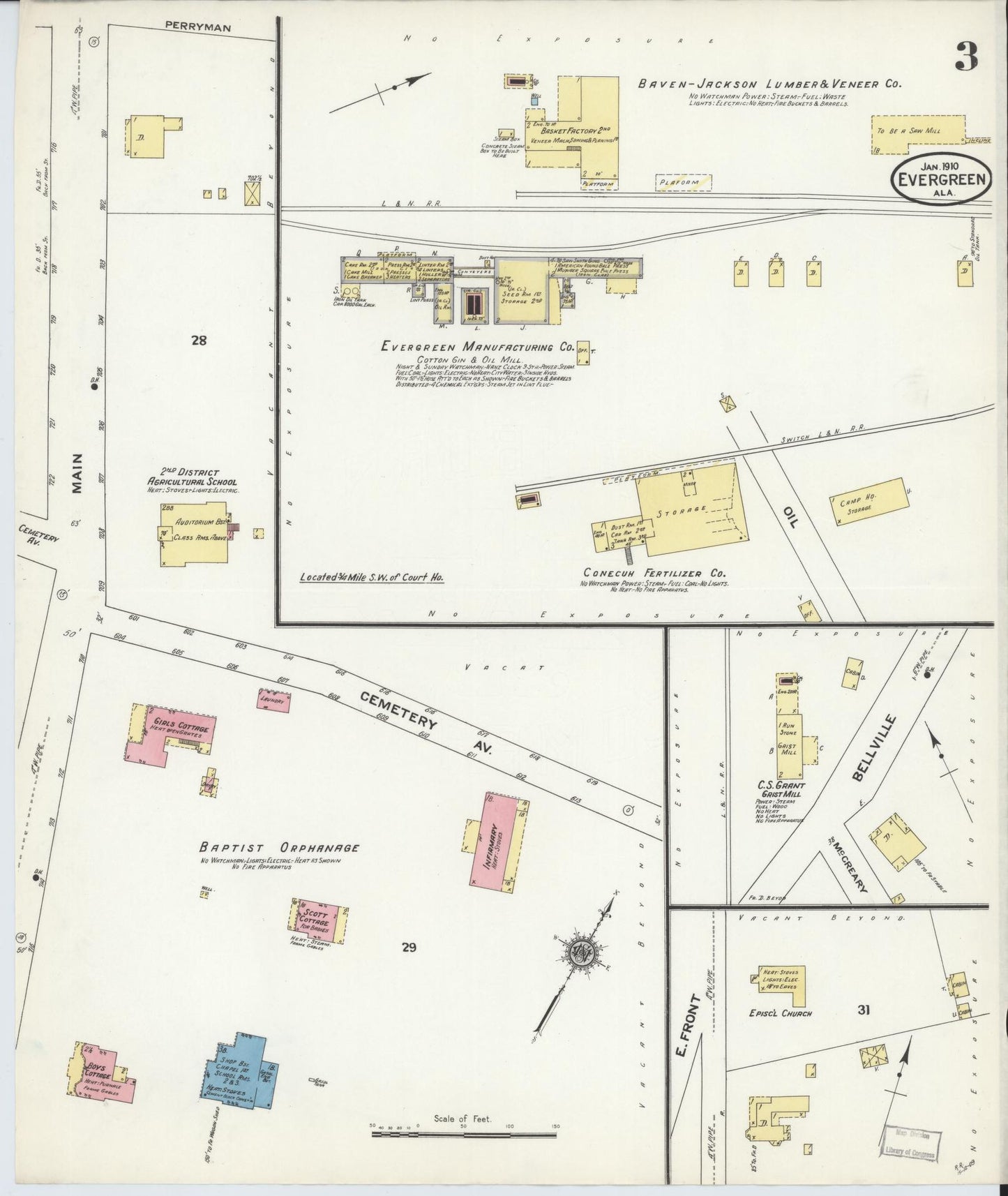 Sanborn Fire Insurance Map from Evergreen, Conecuh County, Alabama (1910), Sheet #0003 - Historic Sanborn Fire Insurance Map Print, vintage old map wall art, antique decor, genealogy gift, Alabama Alabama map