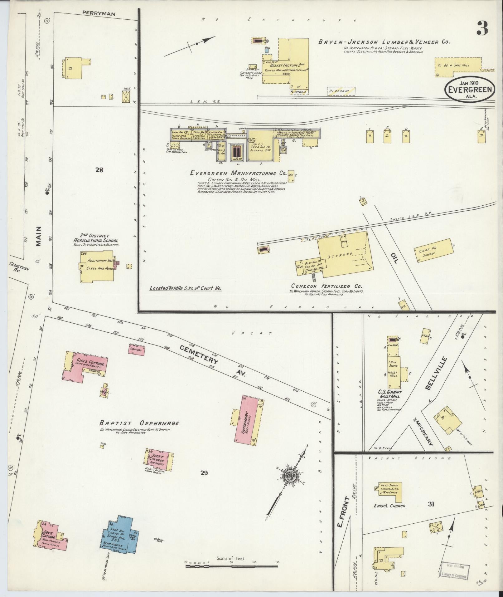 Sanborn Fire Insurance Map from Evergreen, Conecuh County, Alabama (1910), Sheet #0003 - Historic Sanborn Fire Insurance Map Print, vintage old map wall art, antique decor, genealogy gift, Alabama Alabama map