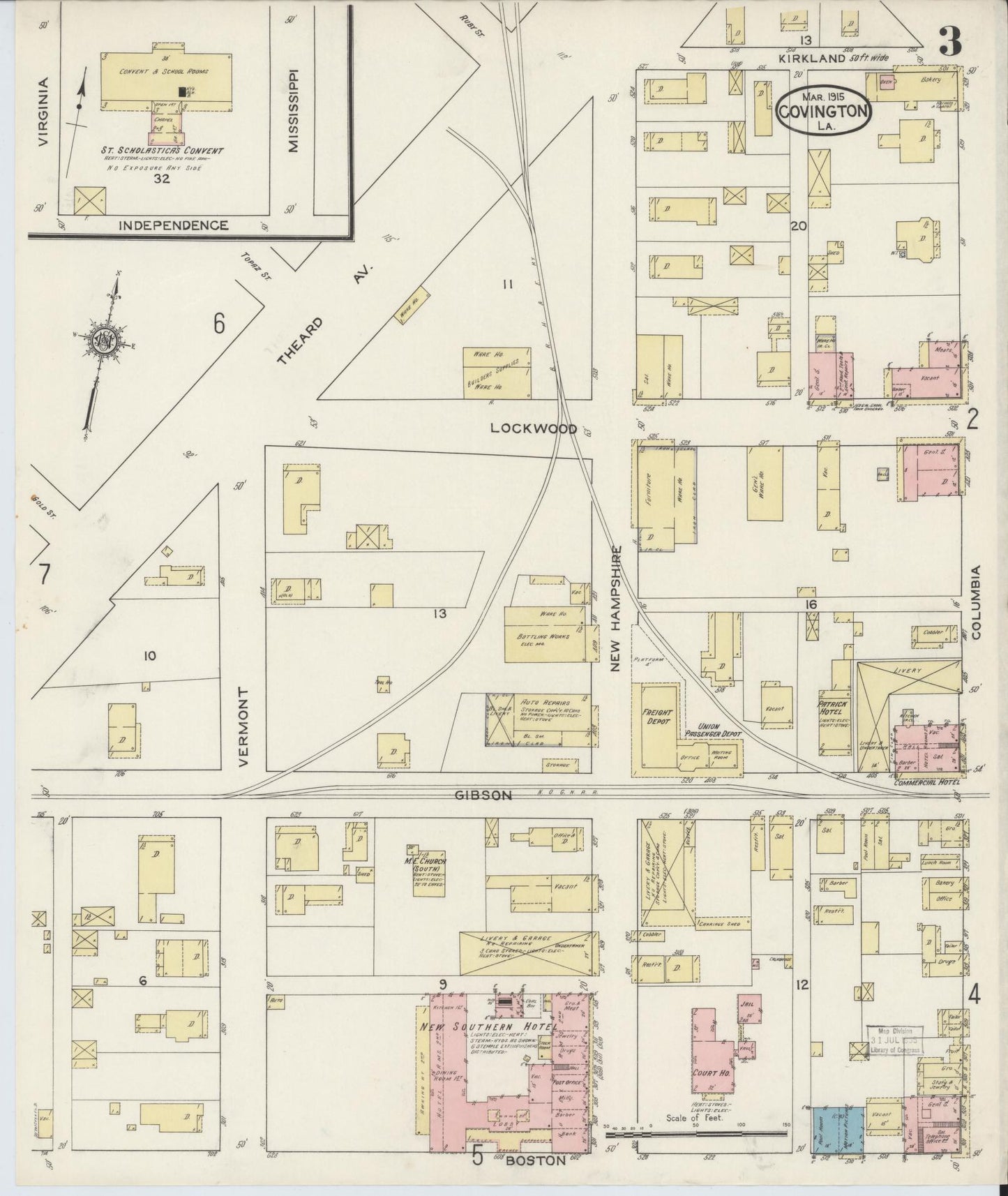 Sanborn Fire Insurance Map from Covington, Saint Tammany Parish, Louisiana (1915), Sheet #0003 - Complete Map Set gallery image, historic Sanborn map, vintage wall art, Louisiana Louisiana