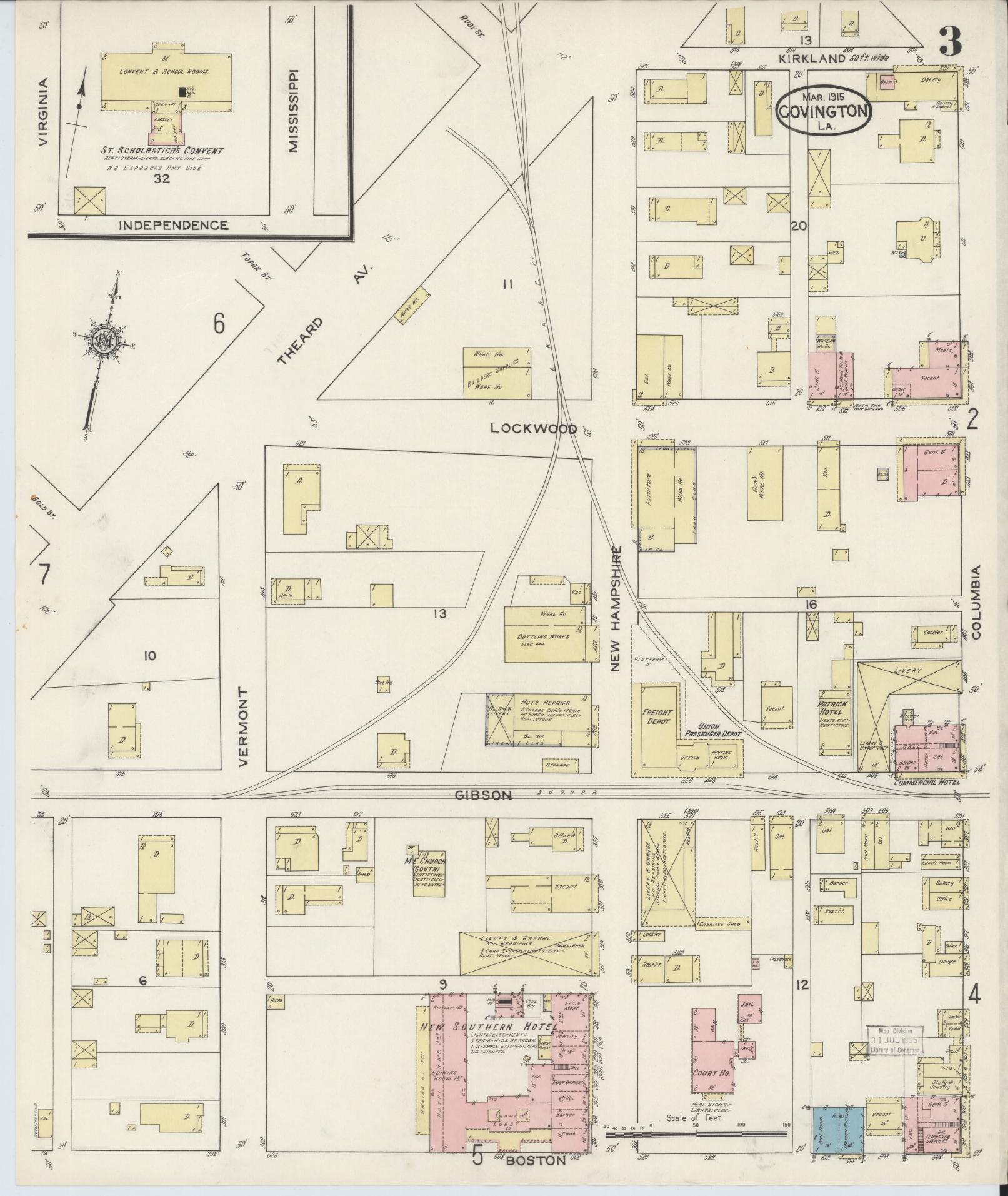 Sanborn Fire Insurance Map from Covington, Saint Tammany Parish, Louisiana (1915), Sheet #0003 - Complete Map Set gallery image, historic Sanborn map, vintage wall art, Louisiana Louisiana