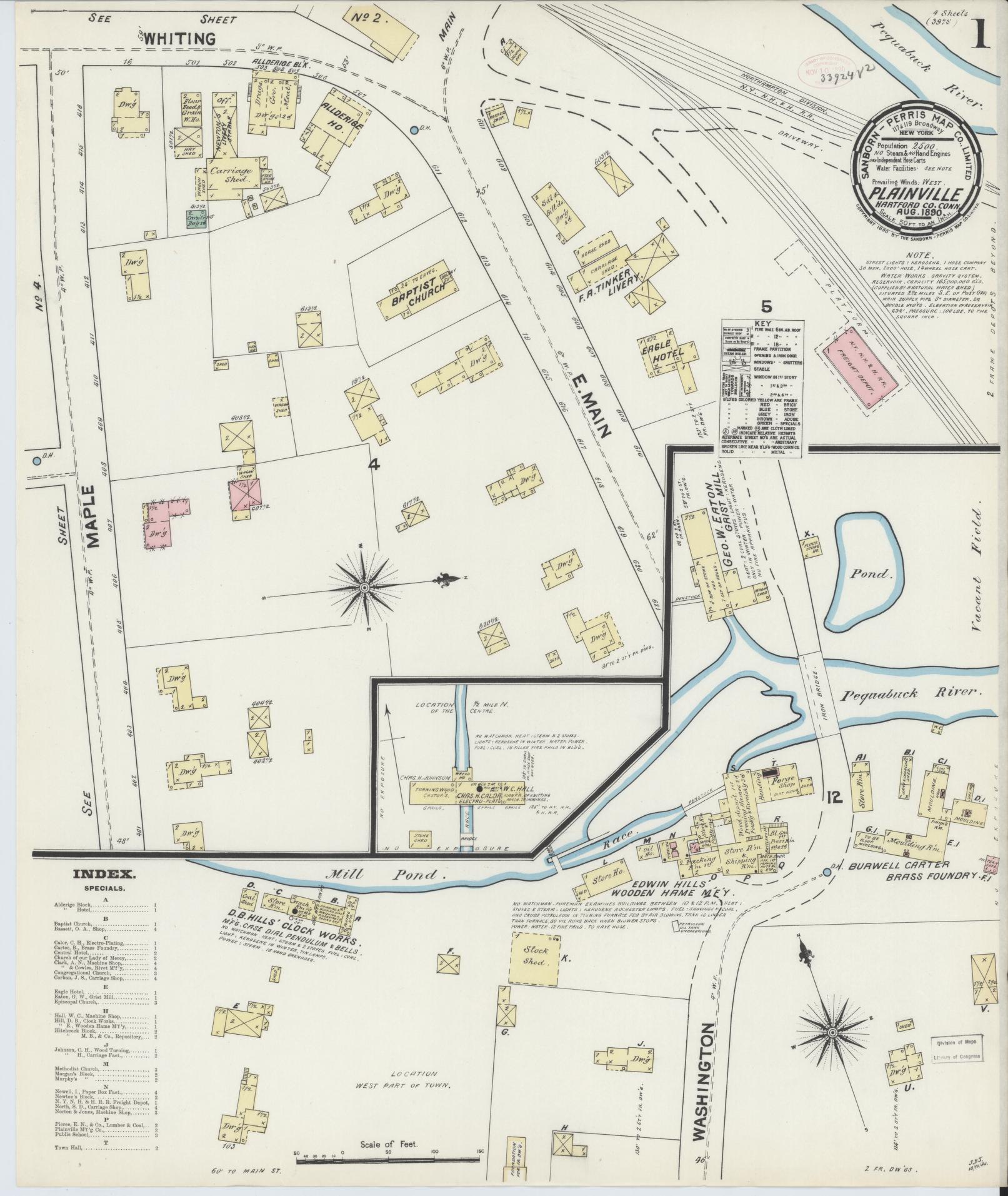 Sanborn Fire Insurance Map from Plainville, Hartford County, Connecticut (1890), Sheet #0001 - Complete Map Set gallery image, historic Sanborn map, vintage wall art, Connecticut Connecticut