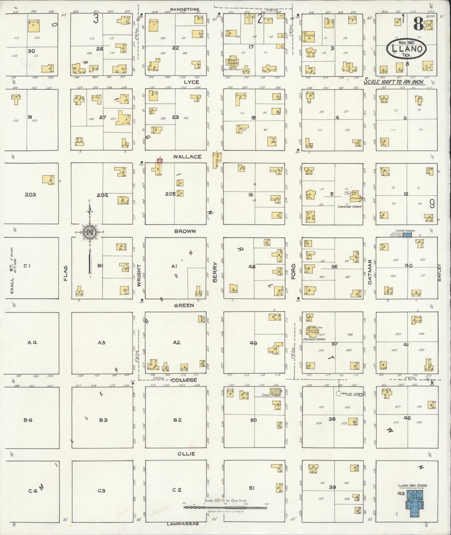 Sanborn Fire Insurance Map from Llano, Llano County, Texas (1921), Sheet #0008 - Historic Sanborn Fire Insurance Map Print, vintage old map wall art, antique decor, genealogy gift, Texas Texas map