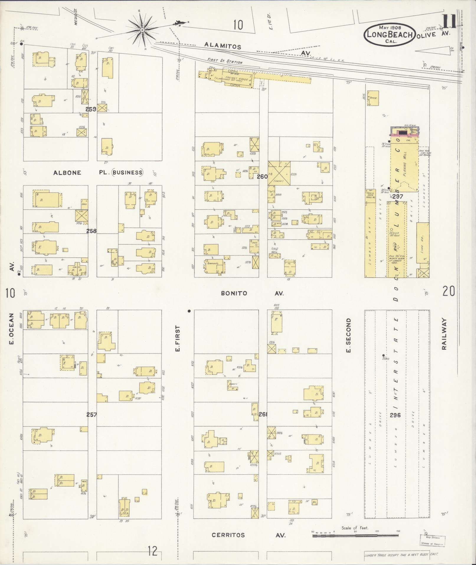 Sanborn Fire Insurance Map from Long Beach, Los Angeles County, California (1908), Sheet #0011 - Historic Sanborn Fire Insurance Map Print, vintage old map wall art, antique decor, genealogy gift, California California map