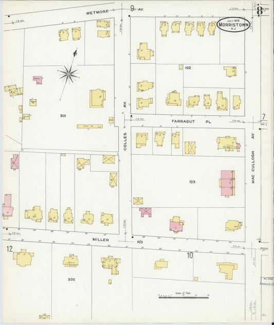 Sanborn Fire Insurance Map from Morristown, Morris County, New Jersey (1909), Sheet #0008 - Historic Sanborn Fire Insurance Map Print, vintage old map wall art, antique decor, genealogy gift, New Jersey New Jersey map