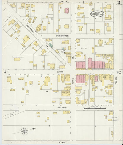 Sanborn Fire Insurance Map from Greenville, Pitt County, North Carolina (1898), Sheet #0003 - Historic Sanborn Fire Insurance Map Print, vintage old map wall art, antique decor, genealogy gift, North Carolina North Carolina map