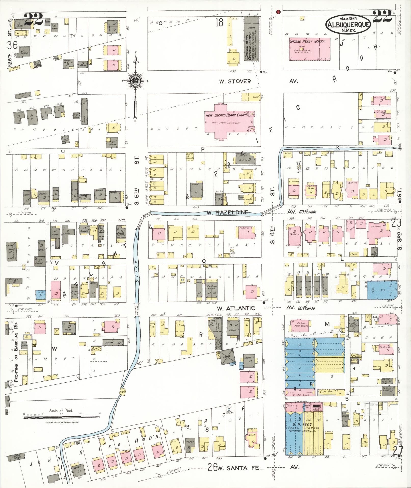 Sanborn Fire Insurance Map from Albuquerque, Bernalillo County, New Mexico (1924), Sheet #0022 - Historic Sanborn Fire Insurance Map Print, vintage old map wall art, antique decor, genealogy gift, New Mexico New Mexico map