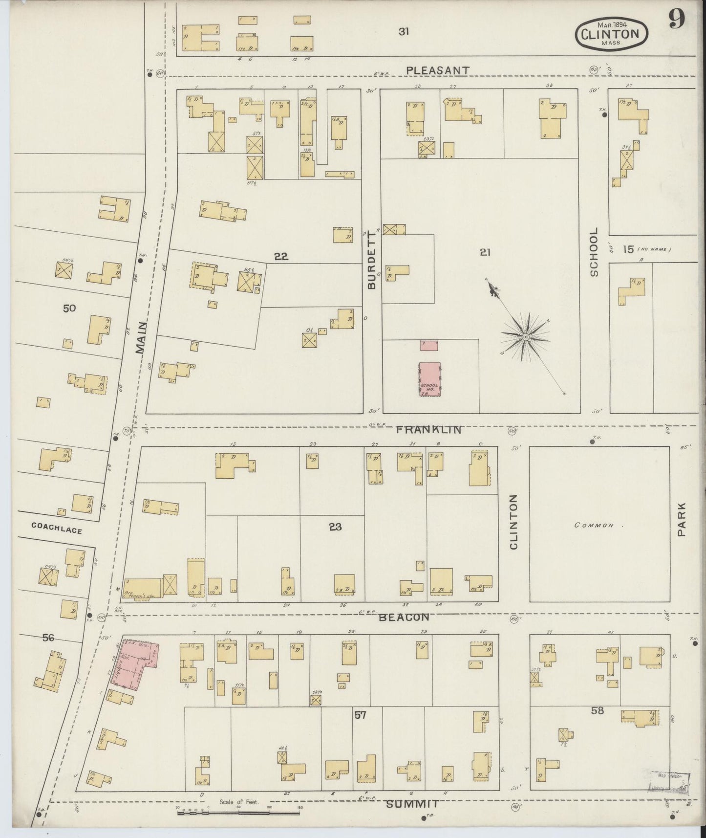 Sanborn Fire Insurance Map from Clinton, Worcester County, Massachusetts (1894), Sheet #0009 - Complete Map Set gallery image, historic Sanborn map, vintage wall art, Massachusetts Massachusetts