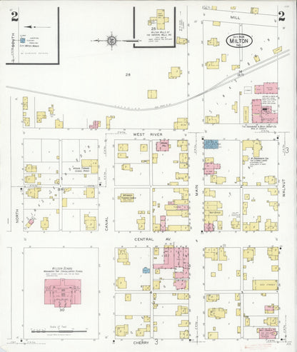 Sanborn Fire Insurance Map from Milton, Wayne County, Indiana (1928), Sheet #0002 - Historic Sanborn Fire Insurance Map Print, vintage old map wall art, antique decor, genealogy gift, Indiana Indiana map