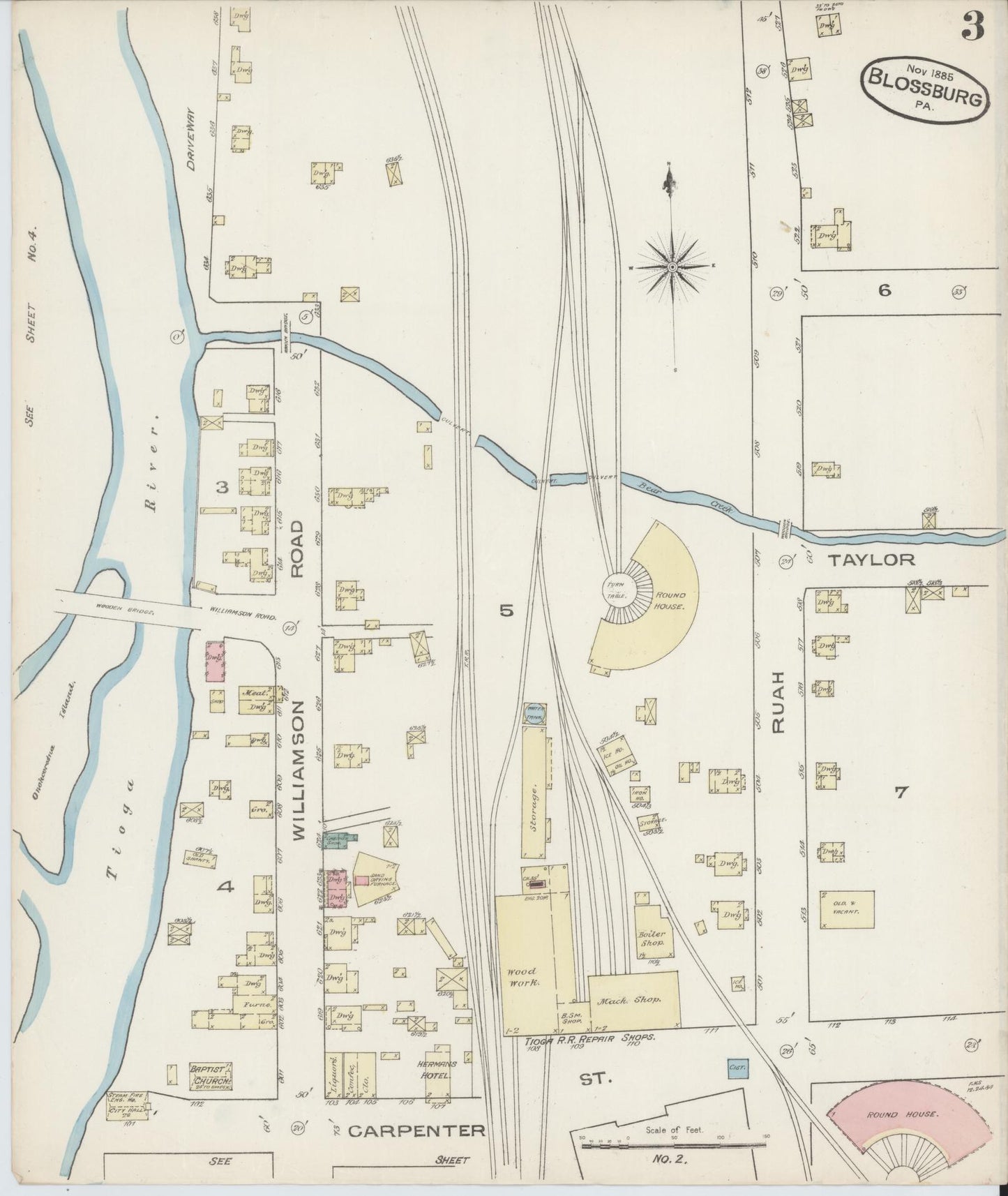 Sanborn Fire Insurance Map from Blossburg, Tioga County, Pennsylvania (1885), Sheet #0003 - Historic Sanborn Fire Insurance Map Print, vintage old map wall art, antique decor, genealogy gift, Pennsylvania Pennsylvania map