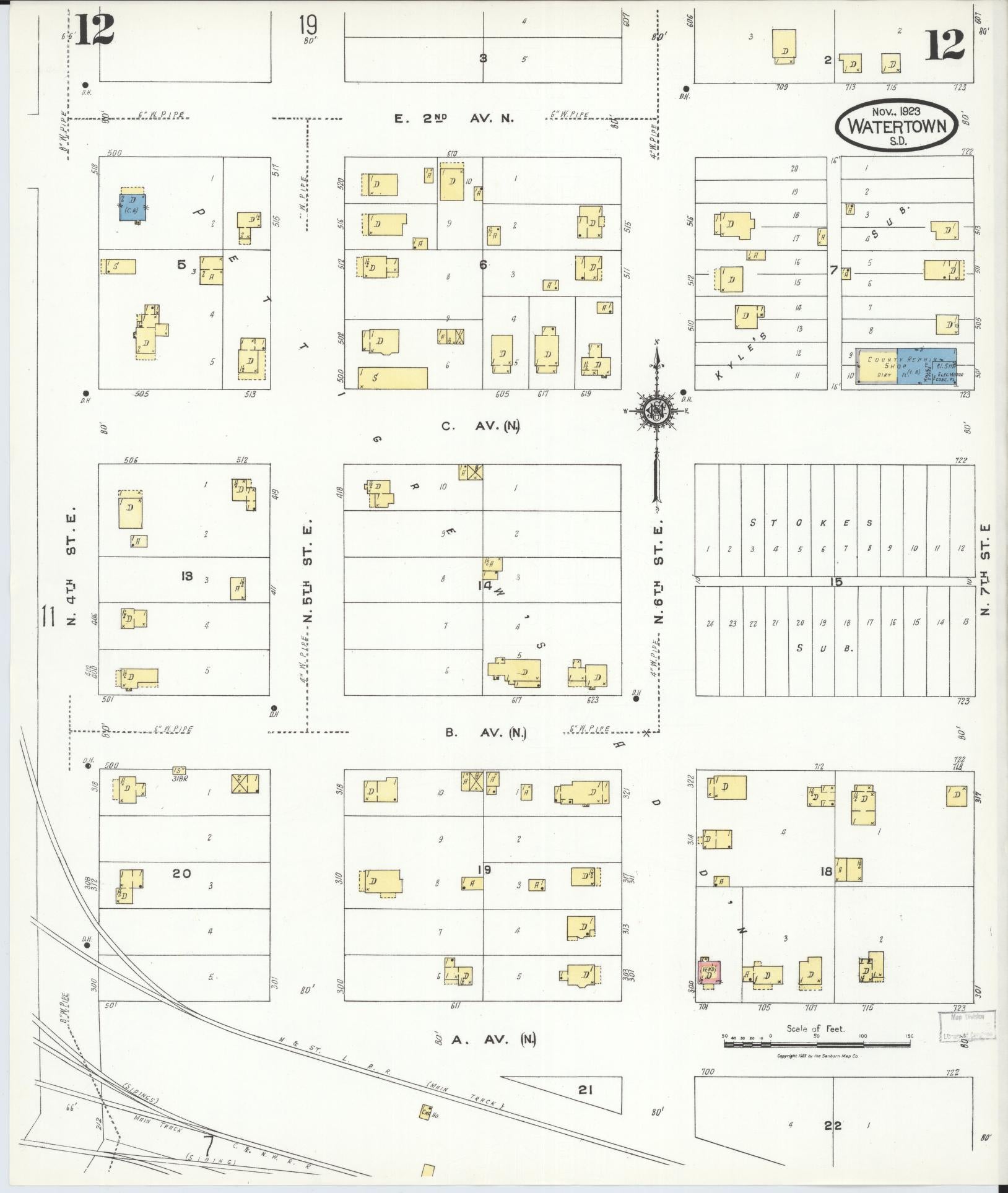 Sanborn Fire Insurance Map from Watertown, Codington County, South Dakota (1923), Sheet #0012 - Complete Map Set gallery image, historic Sanborn map, vintage wall art, South Dakota South Dakota