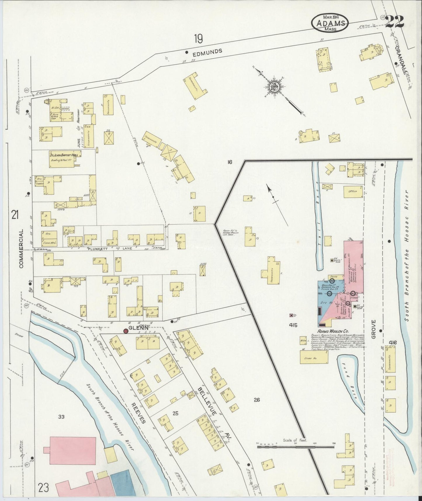 Sanborn Fire Insurance Map from Adams, Berkshire County, Massachusetts (1914), Sheet #0022 - Historic Sanborn Fire Insurance Map Print, vintage old map wall art, antique decor, genealogy gift, Massachusetts Massachusetts map