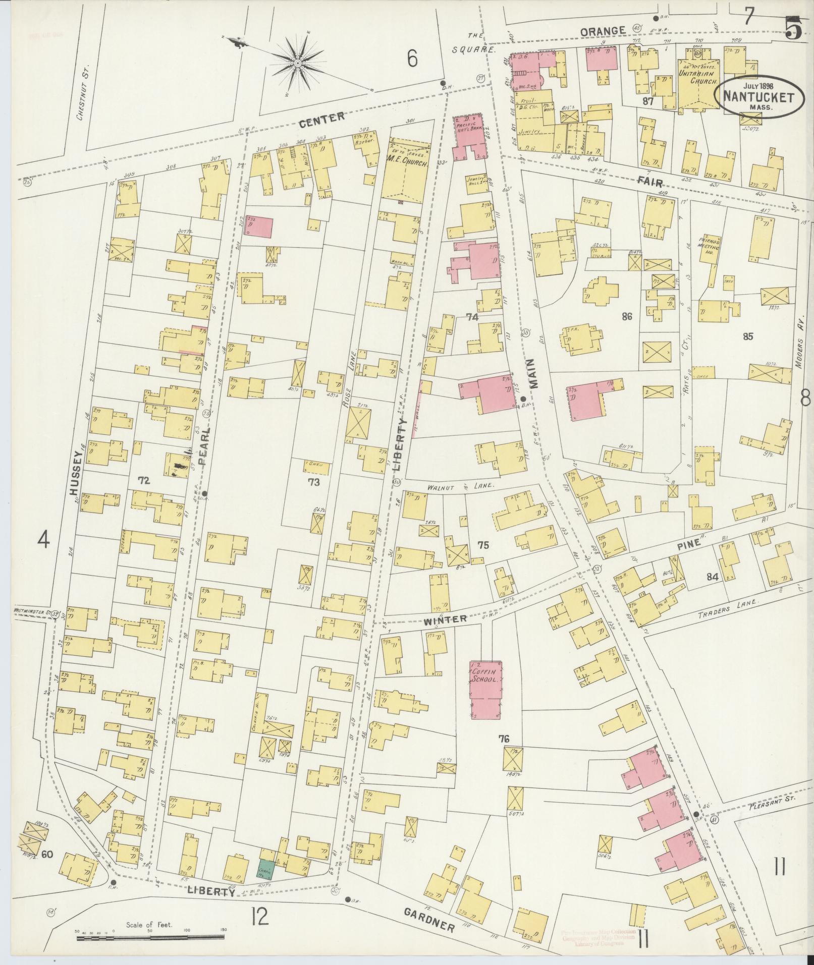 Sanborn Fire Insurance Map from Nantucket, Nantucket County, Massachusetts (1898), Sheet #0005 - Historic Sanborn Fire Insurance Map Print, vintage old map wall art, antique decor, genealogy gift, Massachusetts Massachusetts map