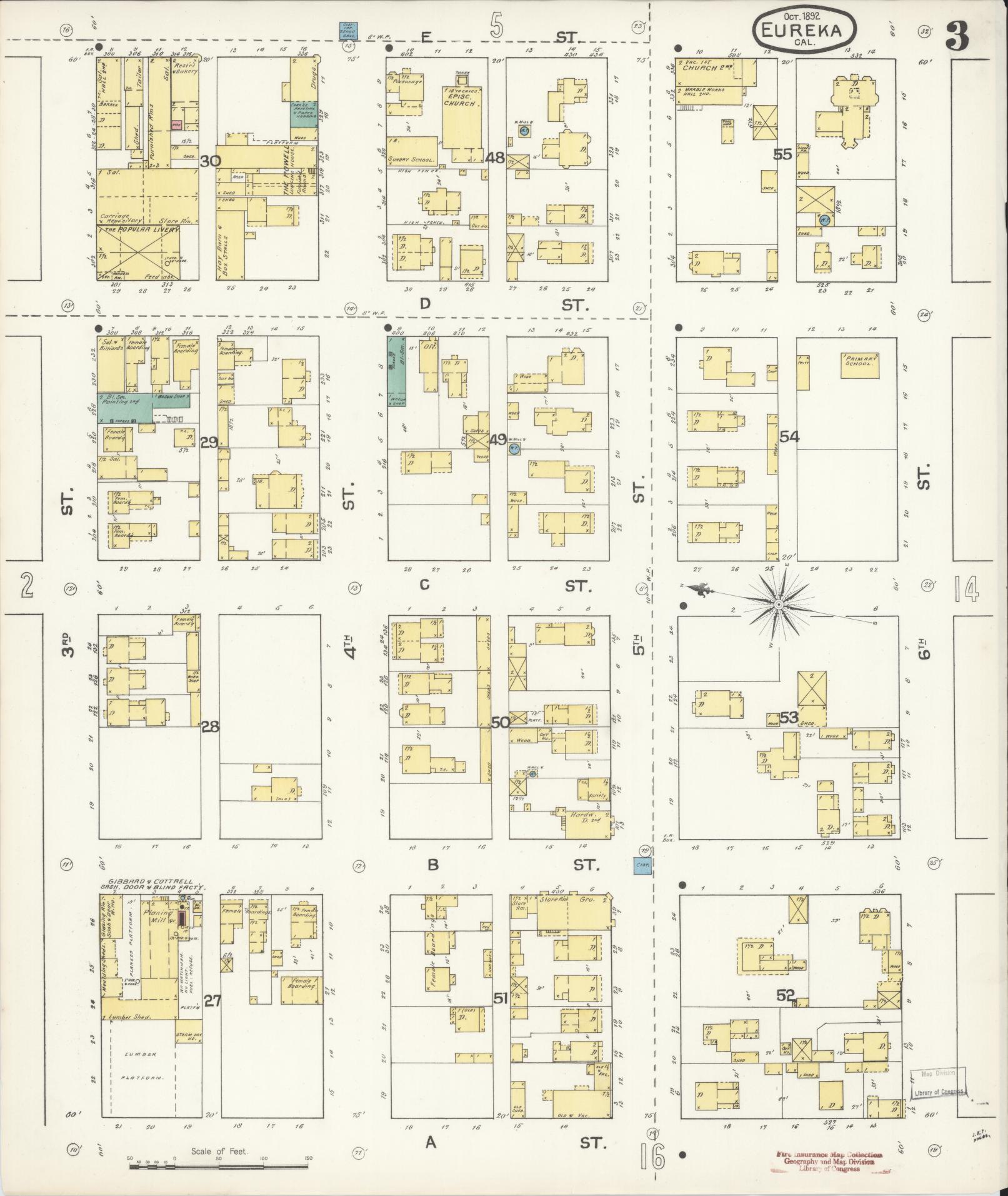 Sanborn Fire Insurance Map from Eureka, Humboldt County, California (1892), Sheet #0003 - Historic Sanborn Fire Insurance Map Print, vintage old map wall art, antique decor, genealogy gift, California California map