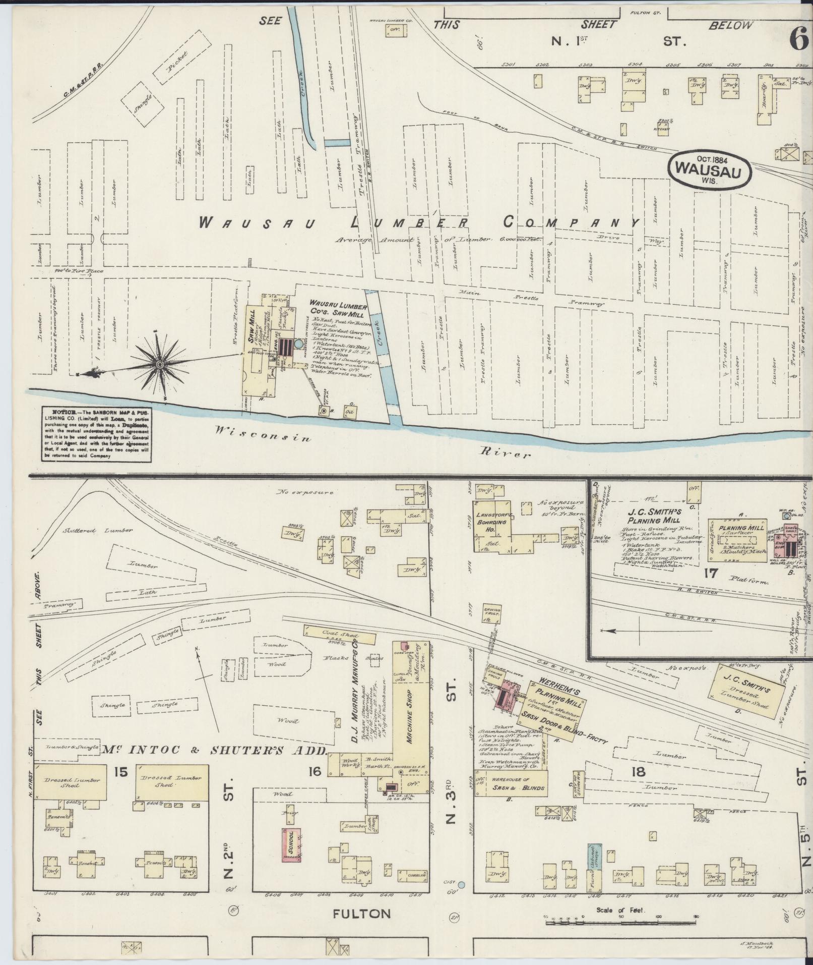Sanborn Fire Insurance Map from Wausau, Marathon County, Wisconsin (1884), Sheet #0006 - Historic Sanborn Fire Insurance Map Print, vintage old map wall art, antique decor, genealogy gift, Wisconsin Wisconsin map