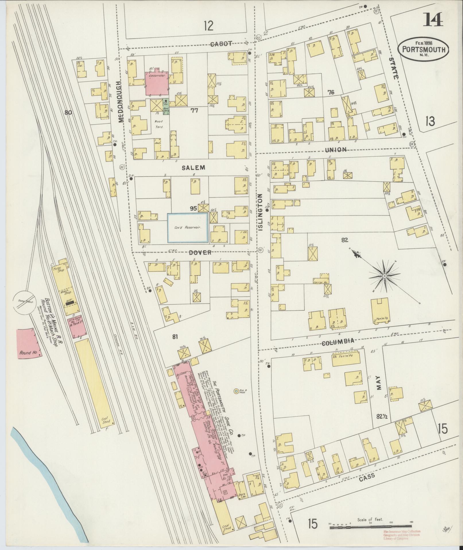 Sanborn Fire Insurance Map from Portsmouth, Rockingham County, New Hampshire (1898), Sheet #0014 - Historic Sanborn Fire Insurance Map Print, vintage old map wall art, antique decor, genealogy gift, New Hampshire New Hampshire map