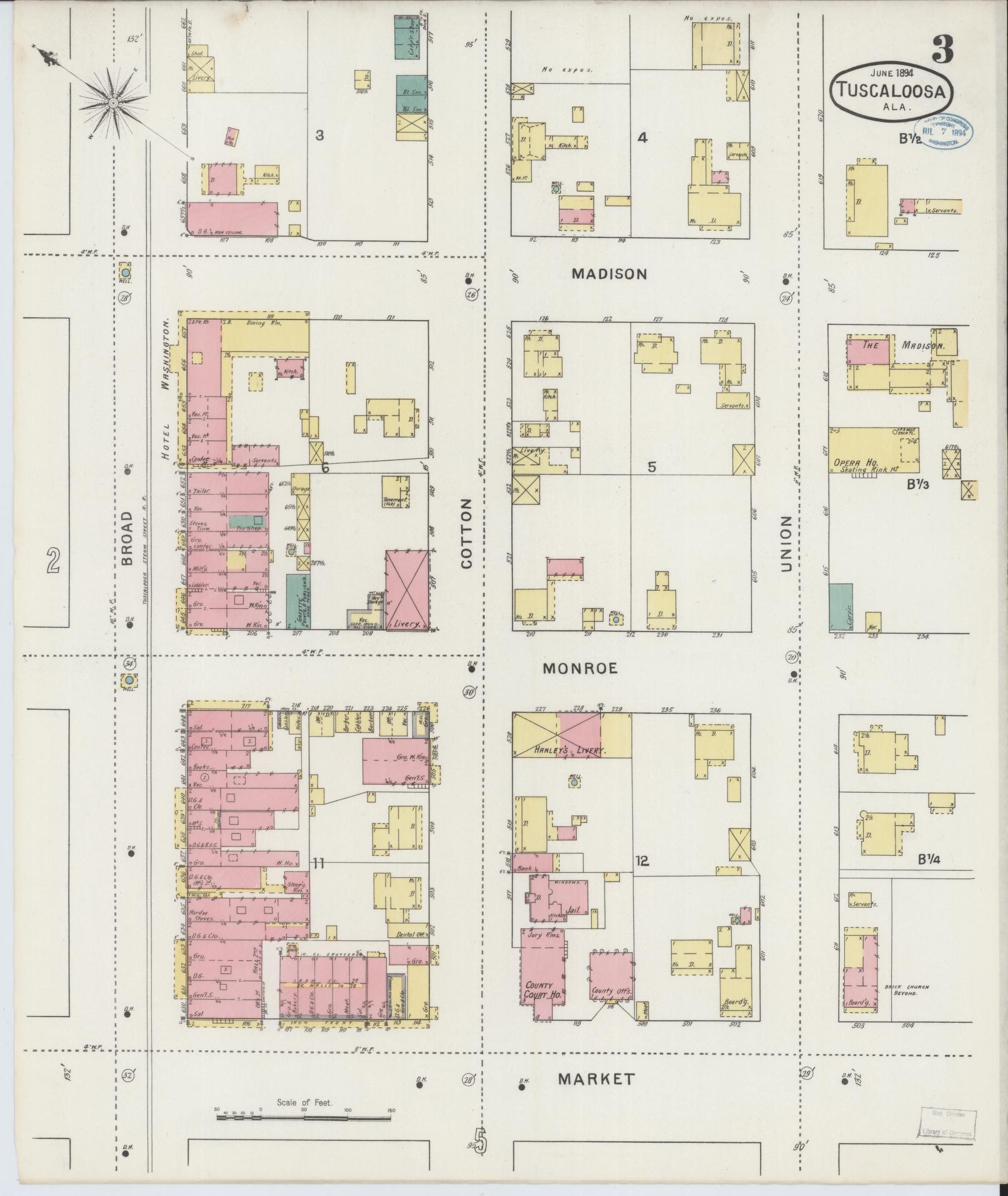Sanborn Fire Insurance Map from Tuscaloosa, Tuscaloosa County, Alabama (1894), Sheet #0003 - Historic Sanborn Fire Insurance Map Print, vintage old map wall art, antique decor, genealogy gift, Alabama Alabama map