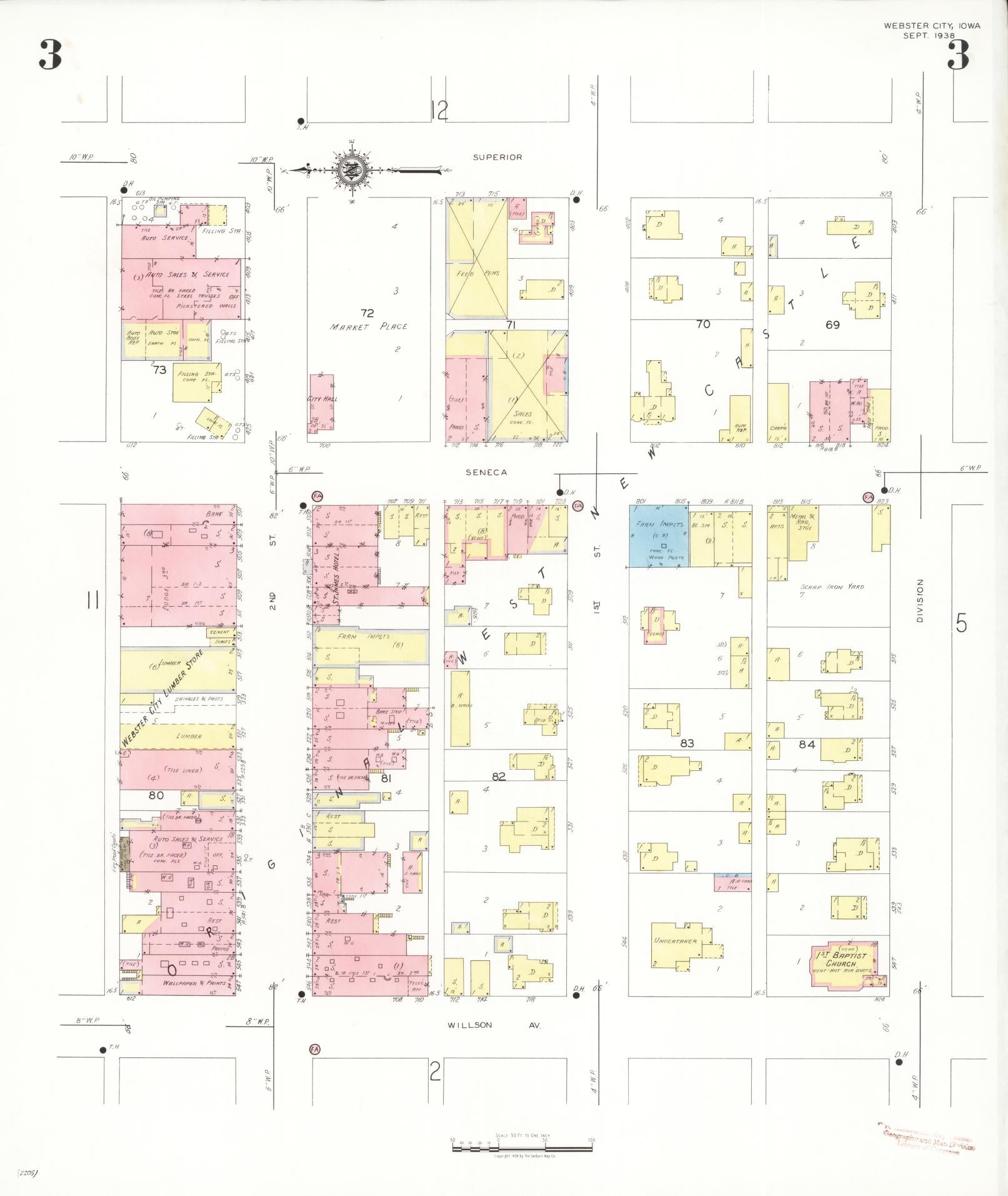 Sanborn Fire Insurance Map from Webster City, Hamilton County, Iowa (1938), Sheet #0003 - Historic Sanborn Fire Insurance Map Print, vintage old map wall art