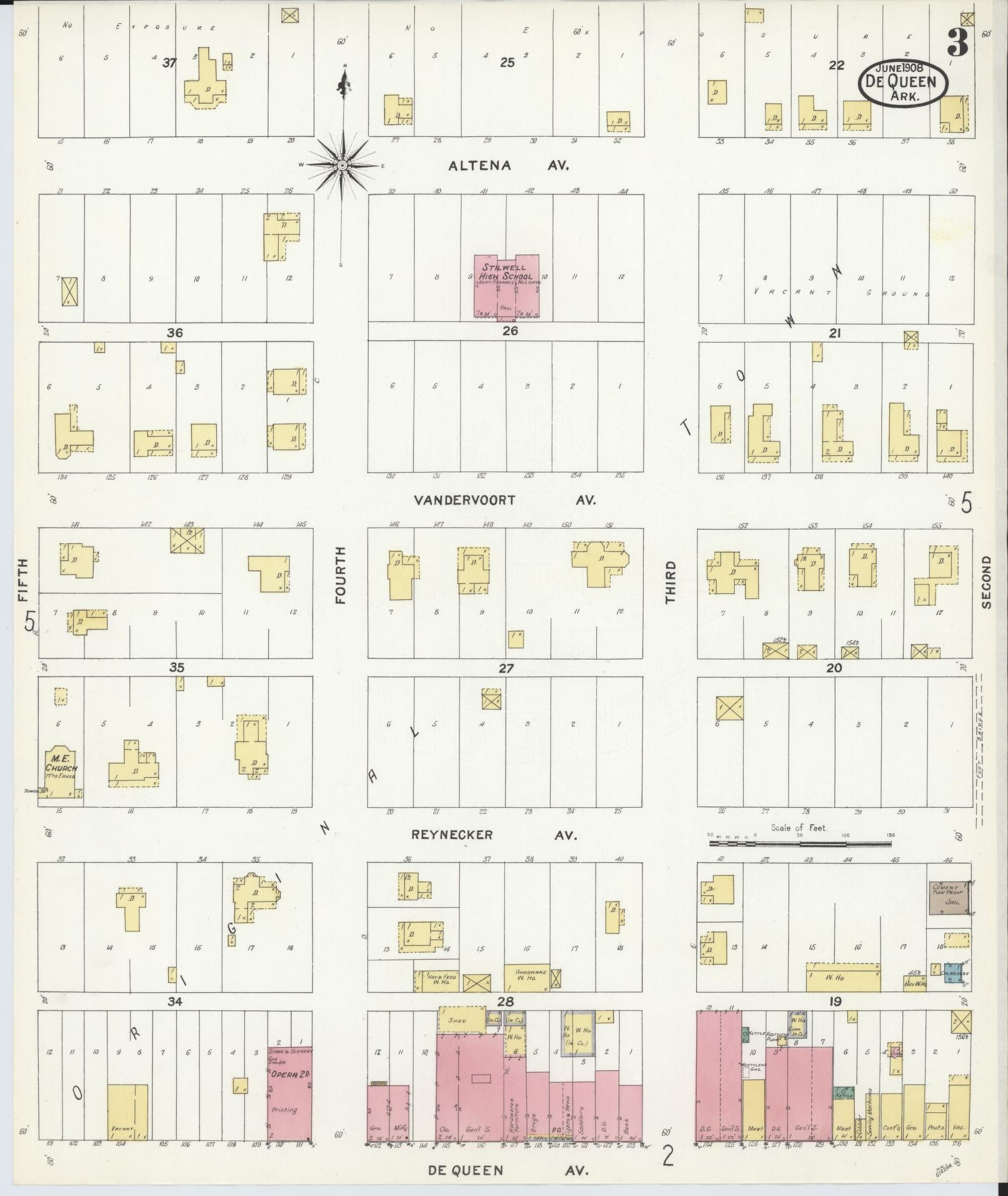 Sanborn Fire Insurance Map from De Queen, Sevier County, Arkansas (1908), Sheet #0003 - Complete Map Set gallery image, historic Sanborn map, vintage wall art, Arkansas Arkansas