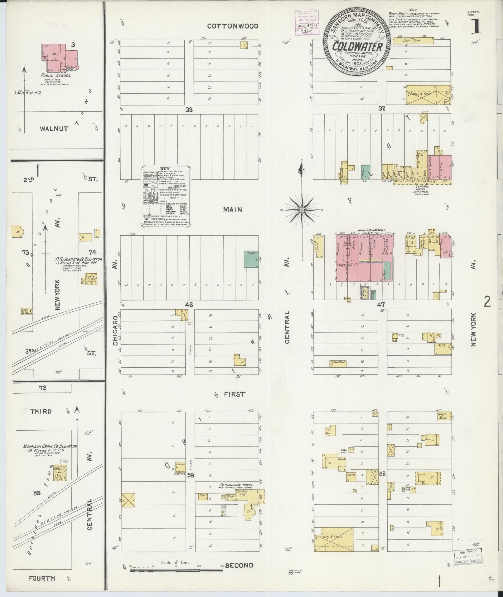 Sanborn Fire Insurance Map from Coldwater, Comanche County, Kansas (1905), Sheet #0001 - Complete Map Set gallery image, historic Sanborn map, vintage wall art, Kansas Kansas