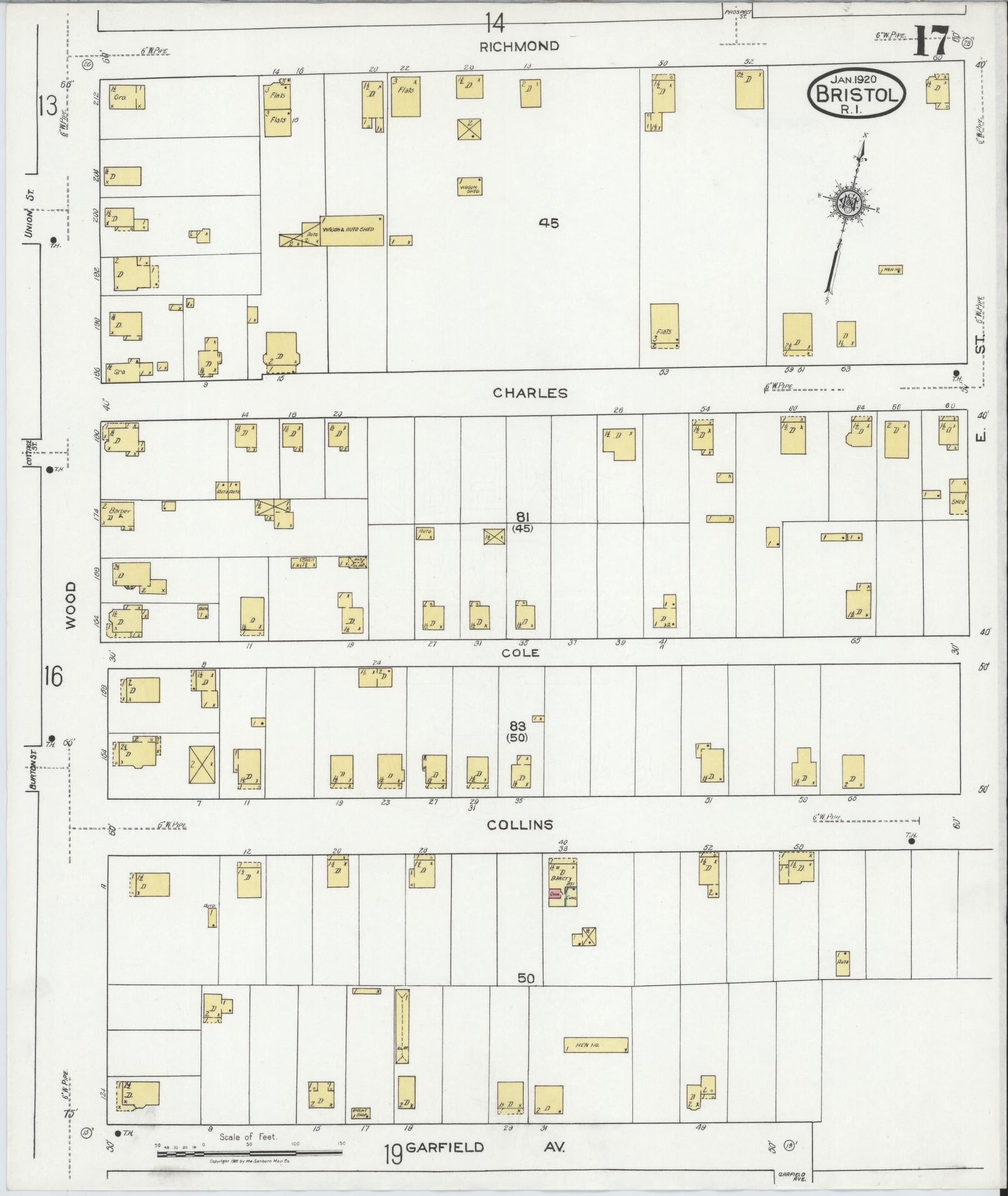 Sanborn Fire Insurance Map from Bristol, Bristol County, Rhode Island (1920), Sheet #0017 - Historic Sanborn Fire Insurance Map Print, vintage old map wall art, antique decor, genealogy gift, Rhode Island Rhode Island map
