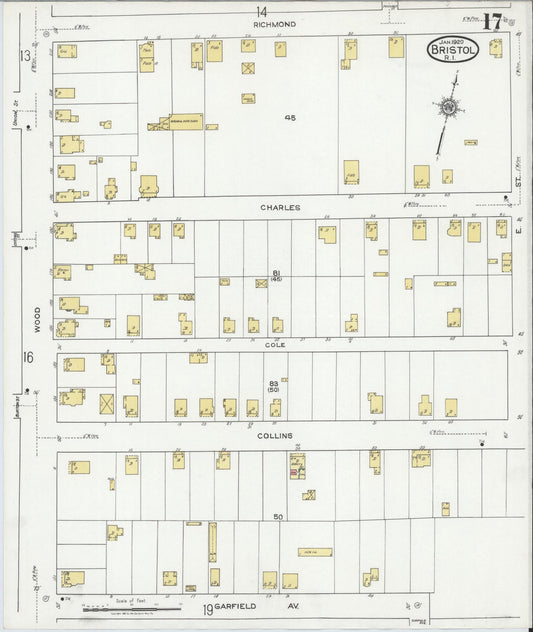 Sanborn Fire Insurance Map from Bristol, Bristol County, Rhode Island (1920), Sheet #0017 - Historic Sanborn Fire Insurance Map Print, vintage old map wall art, antique decor, genealogy gift, Rhode Island Rhode Island map