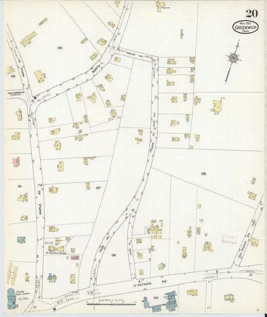 Sanborn Fire Insurance Map from Greenwich, Fairfield County, Connecticut (1912), Sheet #0020 - Historic Sanborn Fire Insurance Map Print, vintage old map wall art, antique decor, genealogy gift, Connecticut Connecticut map