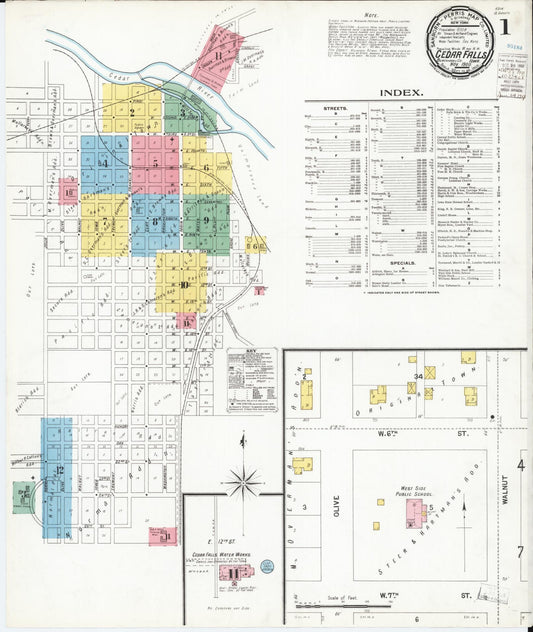 Sanborn Fire Insurance Map from Cedar Falls, Black Hawk County, Iowa (1900), Sheet #0001 - Historic Sanborn Fire Insurance Map Print, vintage old map wall art