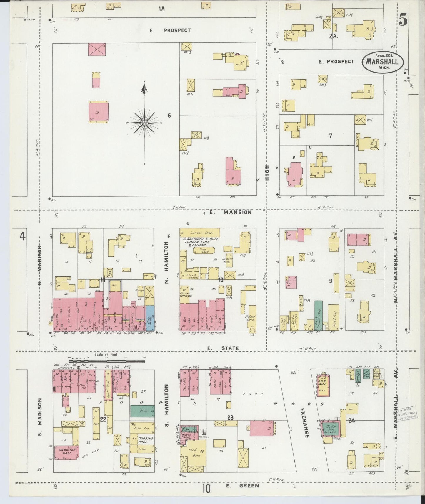 Sanborn Fire Insurance Map from Marshall, Calhoun County, Michigan (1906), Sheet #0005 - Complete Map Set gallery image, historic Sanborn map, vintage wall art, Michigan Michigan