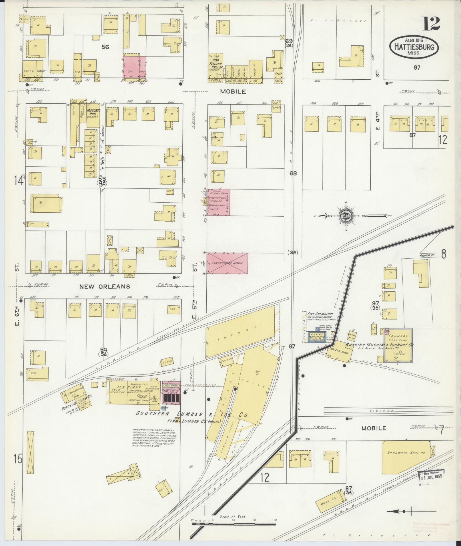Sanborn Fire Insurance Map from Hattiesburg, Forrest County, Mississippi (1915), Sheet #0012 - Complete Map Set gallery image, historic Sanborn map, vintage wall art, Mississippi Mississippi