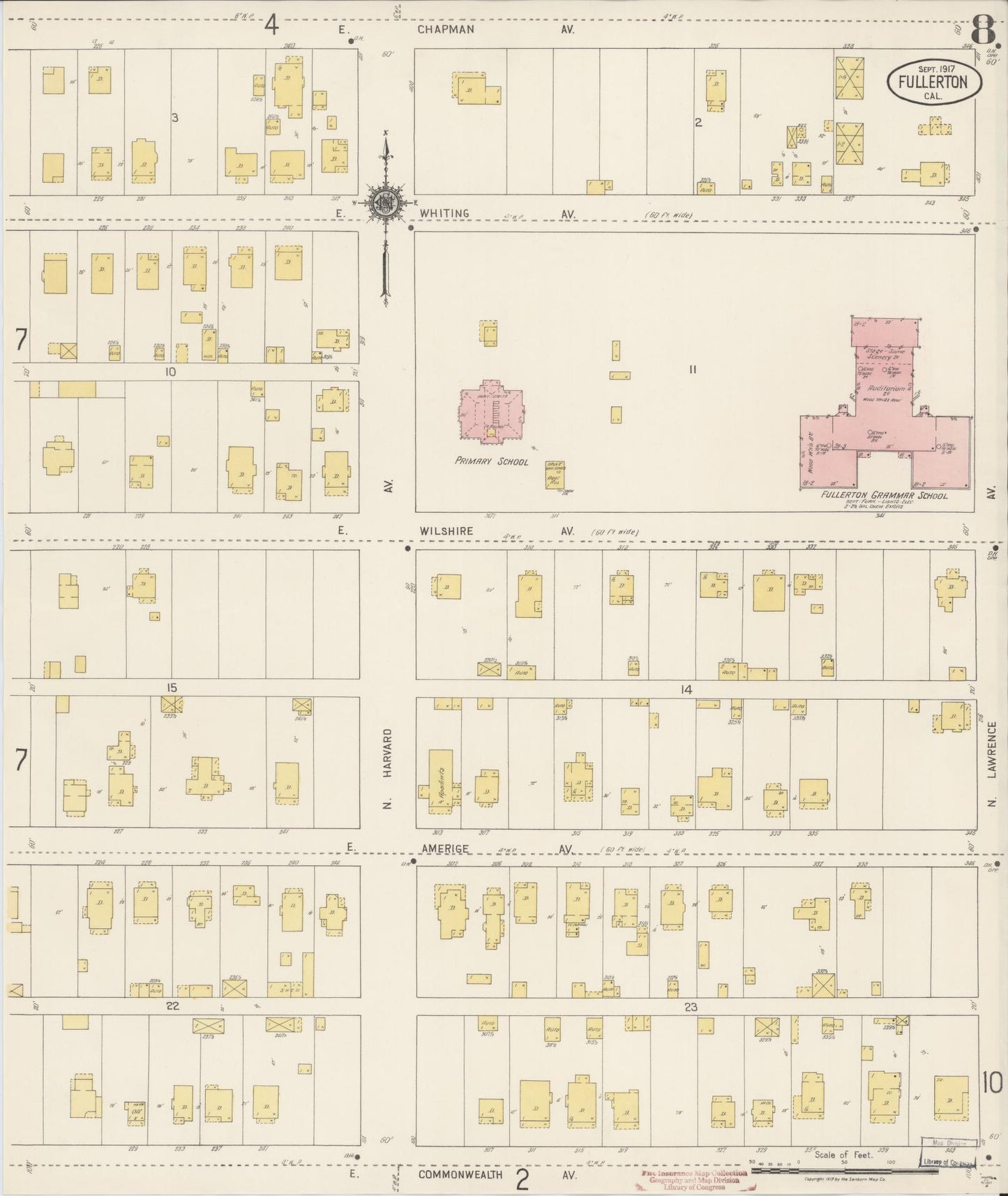 Sanborn Fire Insurance Map from Fullerton, Orange County, California (1917), Sheet #0008 - Historic Sanborn Fire Insurance Map Print, vintage old map wall art, antique decor, genealogy gift, California California map