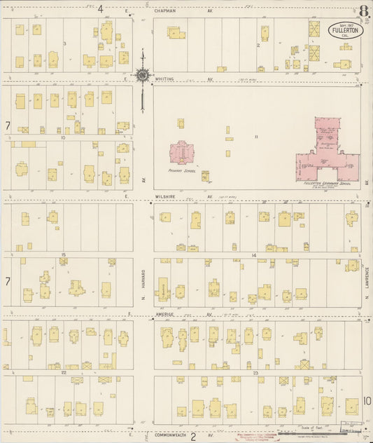 Sanborn Fire Insurance Map from Fullerton, Orange County, California (1917), Sheet #0008 - Historic Sanborn Fire Insurance Map Print, vintage old map wall art, antique decor, genealogy gift, California California map