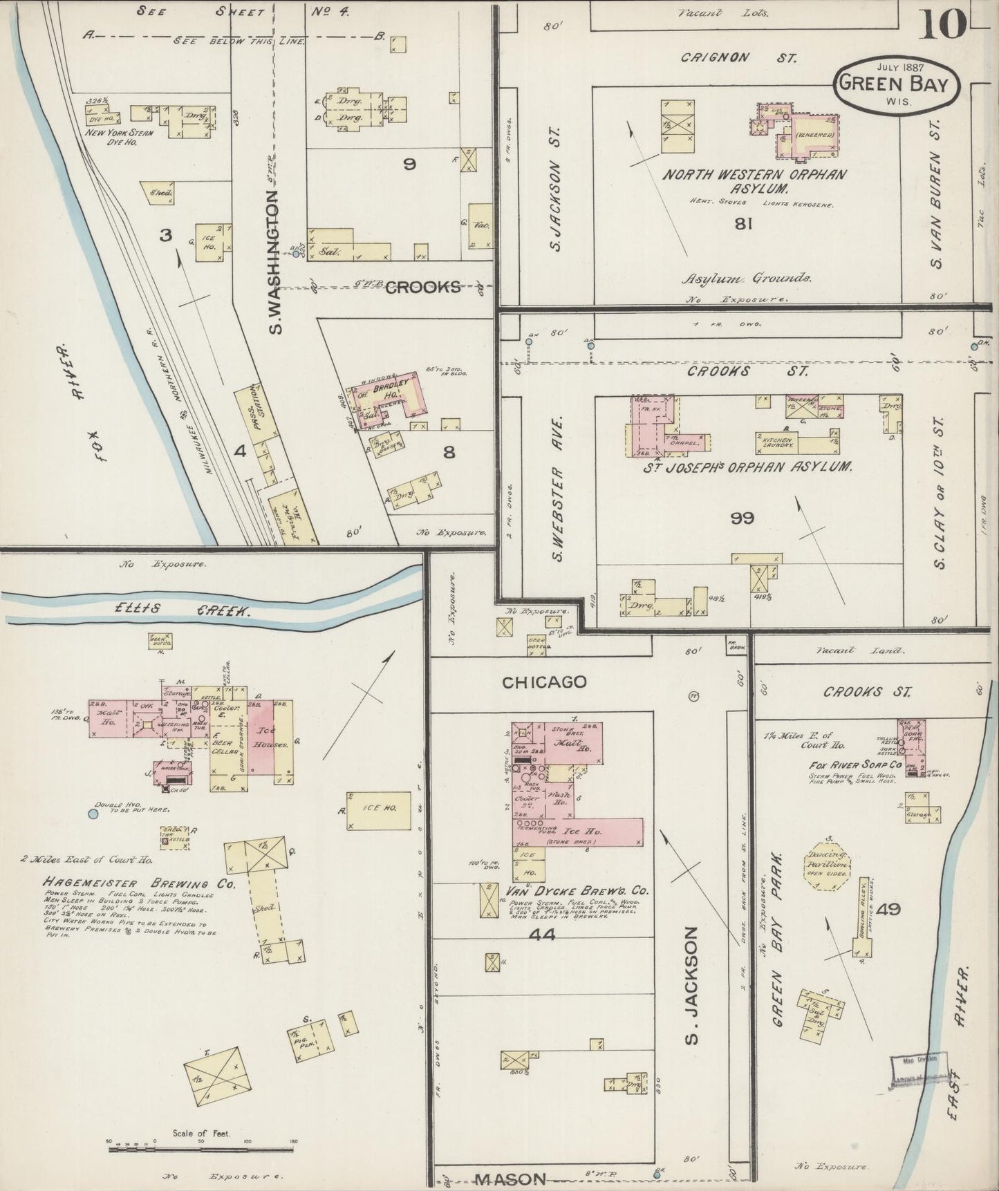 Sanborn Fire Insurance Map from Green Bay, Brown County, Wisconsin (1887), Sheet #0010 - Historic Sanborn Fire Insurance Map Print, vintage old map wall art, antique decor, genealogy gift, Wisconsin Wisconsin map