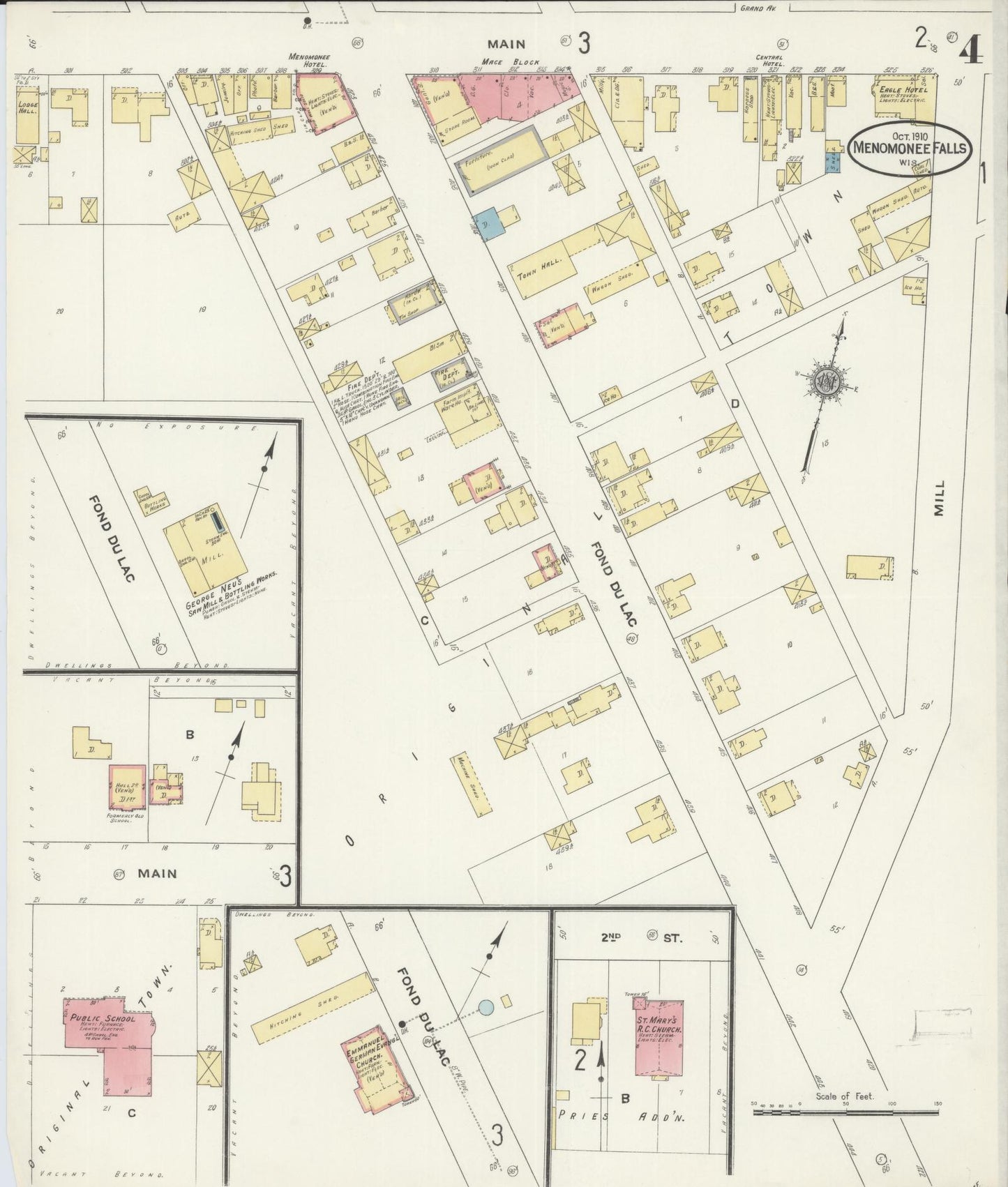 Sanborn Fire Insurance Map from Menomonee Falls, Waukesha County, Wisconsin (1910), Sheet #0004 - Historic Sanborn Fire Insurance Map Print, vintage old map wall art, antique decor, genealogy gift, Wisconsin Wisconsin map