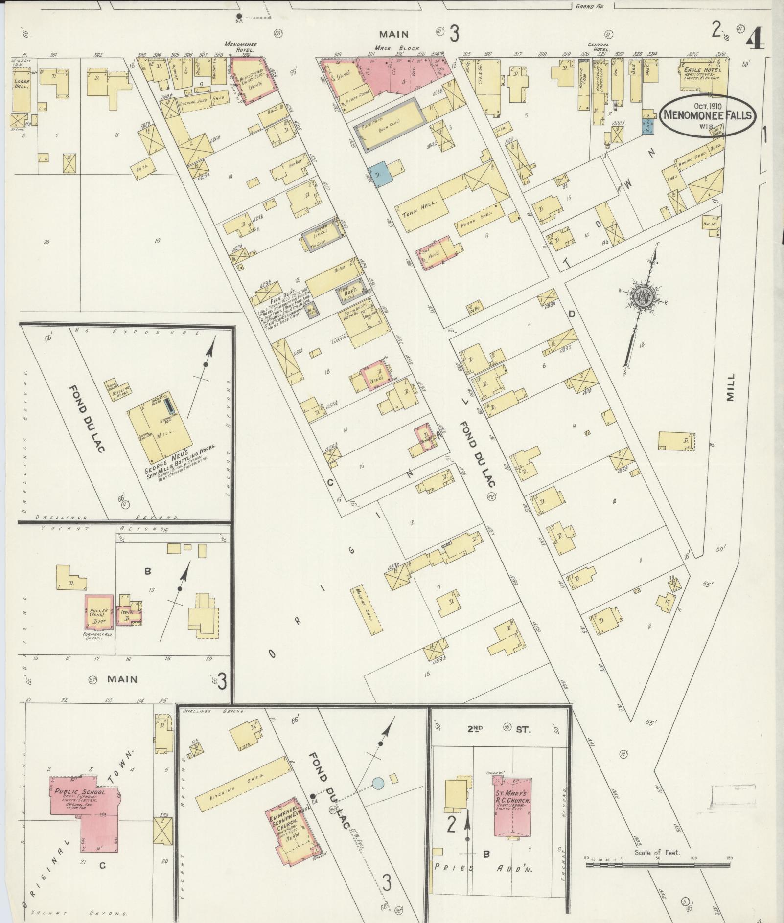 Sanborn Fire Insurance Map from Menomonee Falls, Waukesha County, Wisconsin (1910), Sheet #0004 - Historic Sanborn Fire Insurance Map Print, vintage old map wall art, antique decor, genealogy gift, Wisconsin Wisconsin map