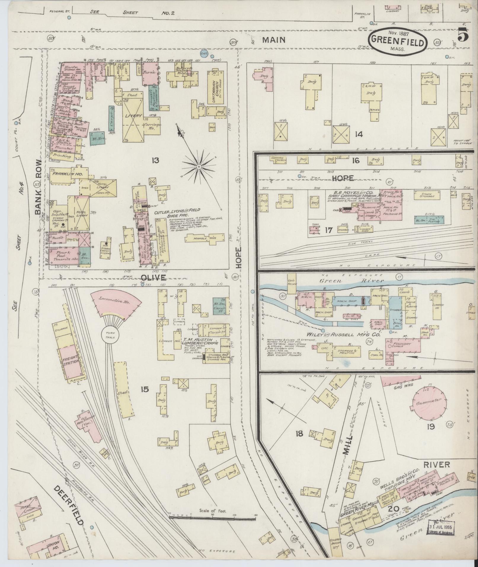 Sanborn Fire Insurance Map from Greenfield, Franklin County, Massachusetts (1887), Sheet #0005 - Complete Map Set gallery image, historic Sanborn map, vintage wall art, Massachusetts Massachusetts