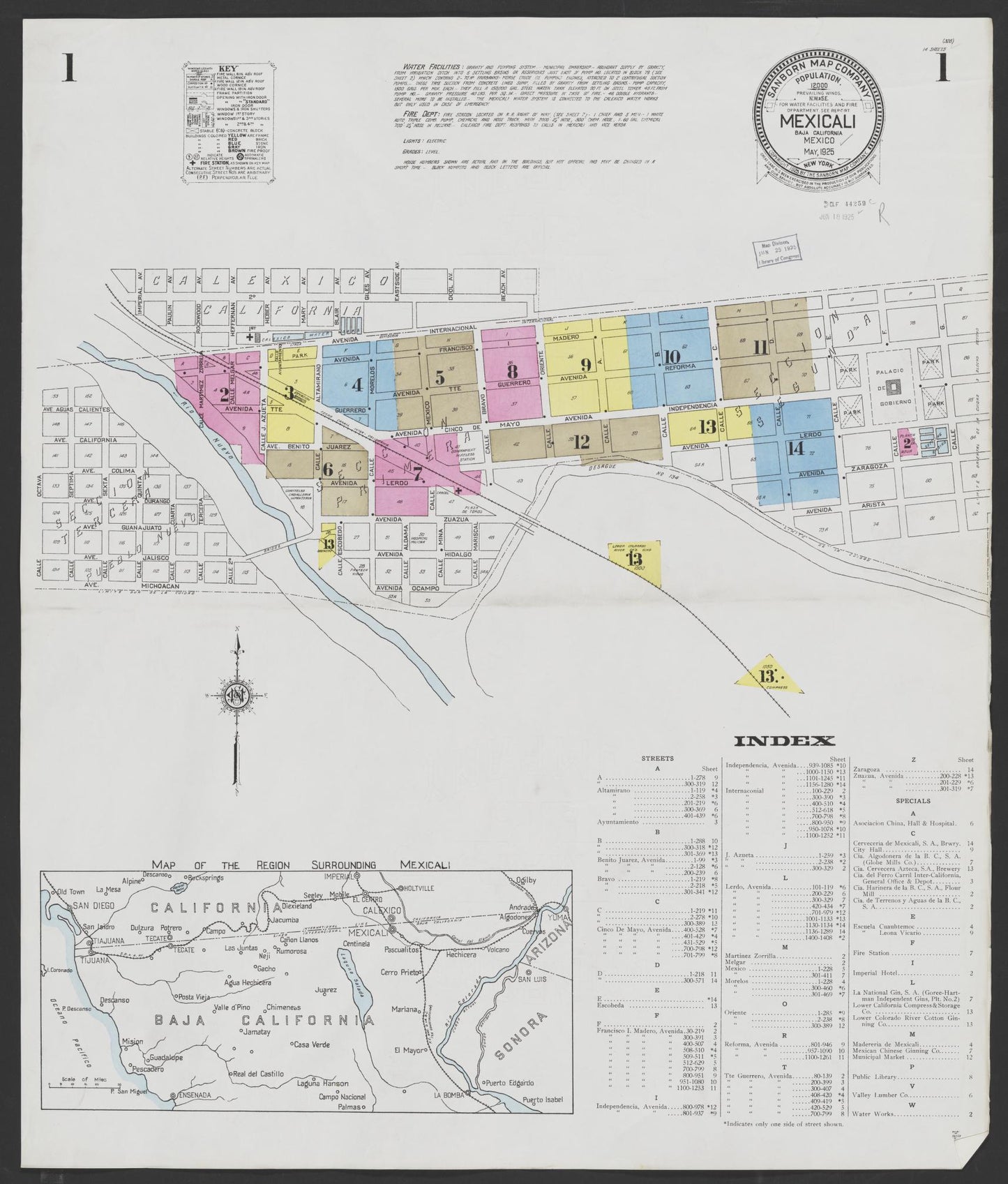 Sanborn Fire Insurance Map from Mexicali, Baja California (Mexico) (1925), Sheet #0001 - Complete Map Set gallery image, historic Sanborn map, vintage wall art, California California