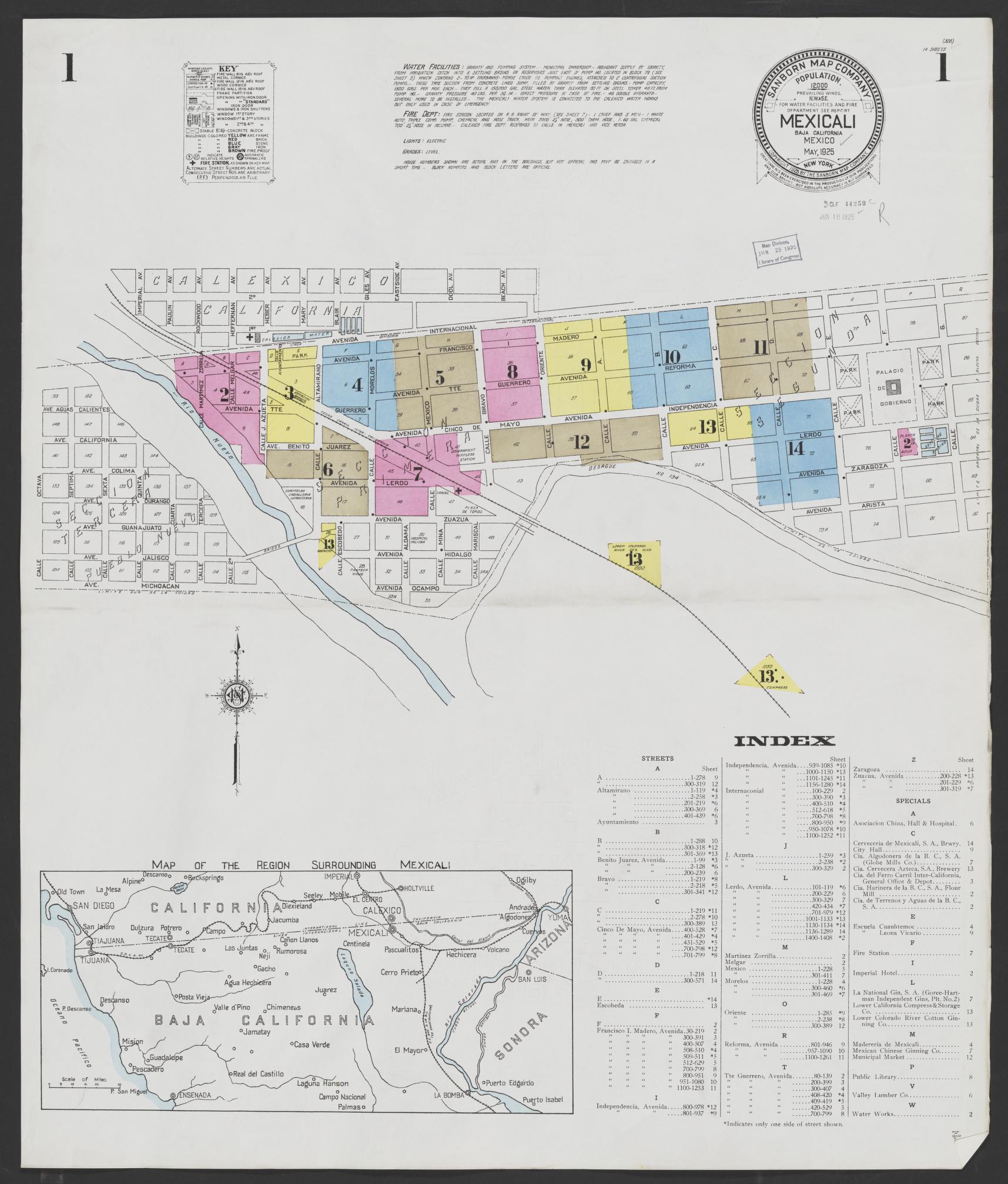 Sanborn Fire Insurance Map from Mexicali, Baja California (Mexico) (1925), Sheet #0001 - Complete Map Set gallery image, historic Sanborn map, vintage wall art, California California
