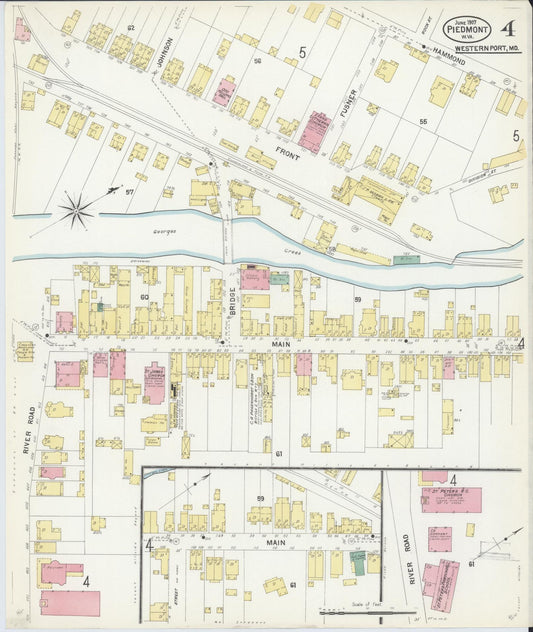 Sanborn Fire Insurance Map from Piedmont, Mineral County, West Virginia (1907), Sheet #0004 - Historic Sanborn Fire Insurance Map Print, vintage old map wall art, antique decor, genealogy gift, West Virginia West Virginia map