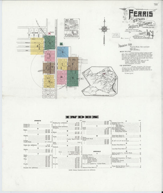 Sanborn Fire Insurance Map from Ferris, Ellis County, Texas (1921), Sheet #0001 - Historic Sanborn Fire Insurance Map Print, vintage old map wall art, antique decor, genealogy gift, Texas Texas map