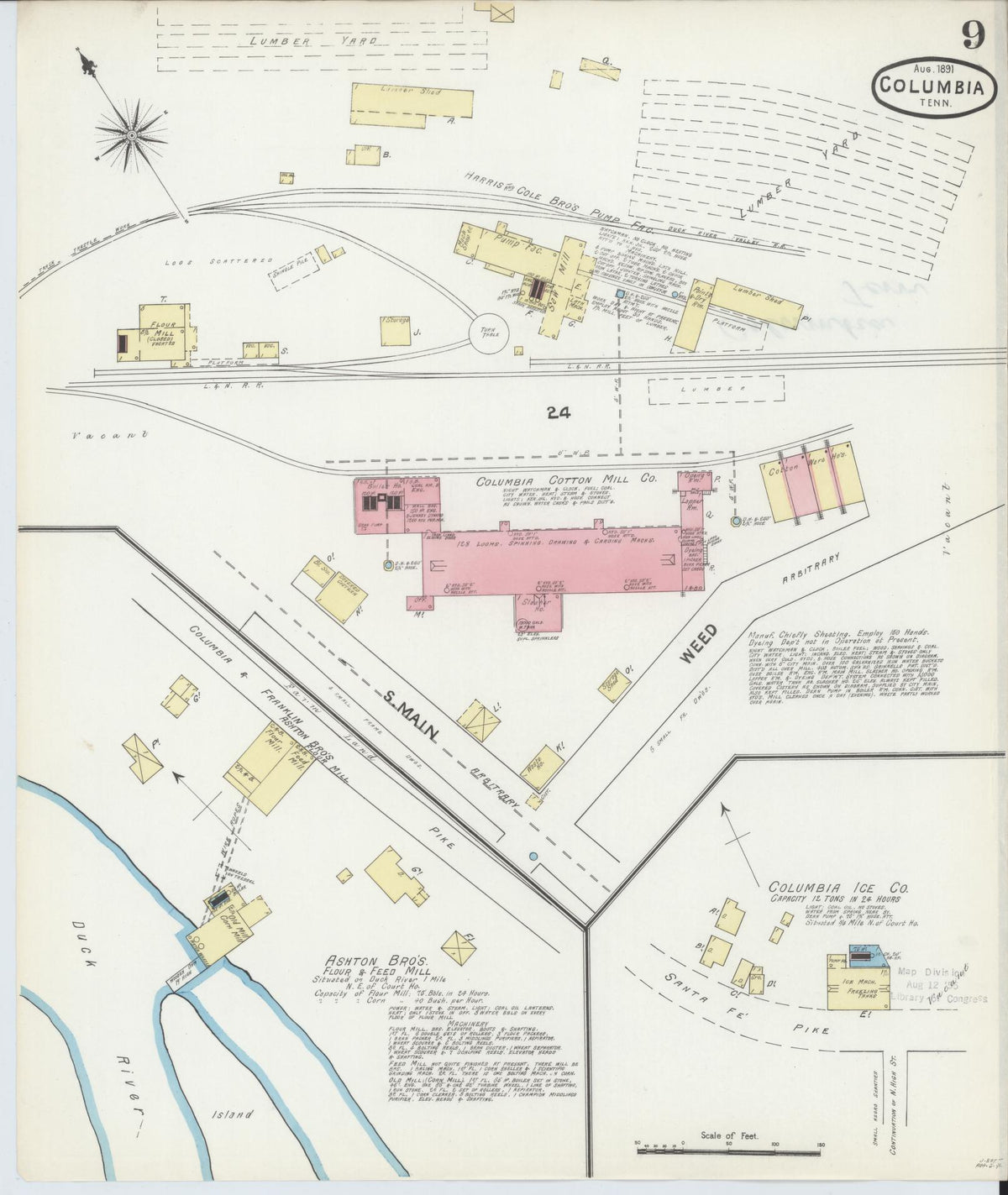 Sanborn Fire Insurance Map from Columbia, Maury County, Tennessee (1891), Sheet #0009 - Complete Map Set gallery image, historic Sanborn map, vintage wall art, Tennessee Tennessee
