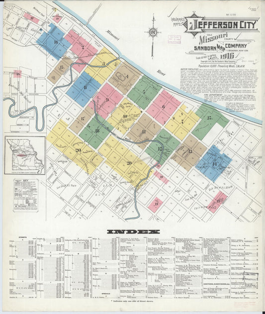Sanborn Fire Insurance Map from Jefferson City, Cole County, Missouri (1916), Sheet #0001 - Complete Map Set gallery image, historic Sanborn map, vintage wall art, Missouri Missouri