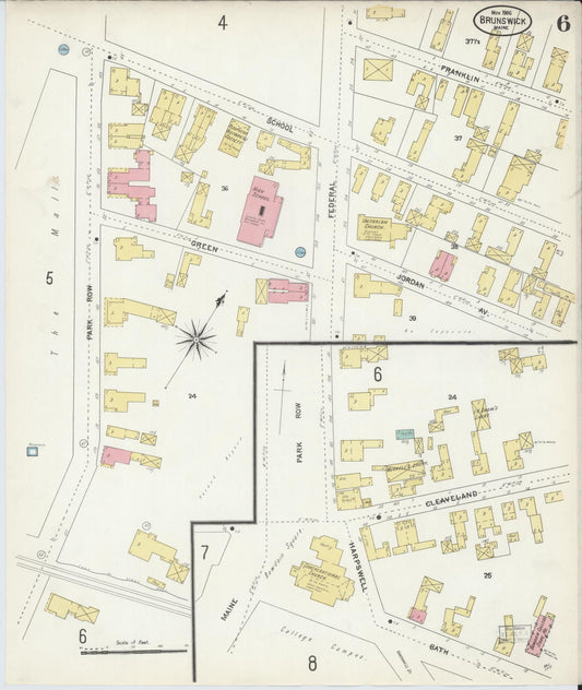 Sanborn Fire Insurance Map from Brunswick, Cumberland County, Maine (1906), Sheet #0006 - Historic Sanborn Fire Insurance Map Print, vintage old map wall art, antique decor, genealogy gift, Maine Maine map