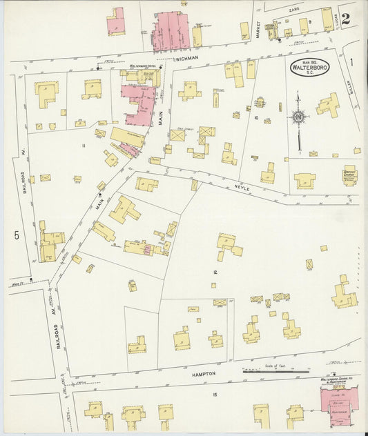 Sanborn Fire Insurance Map from Walterboro, Colleton County, South Carolina (1912), Sheet #0002 - Historic Sanborn Fire Insurance Map Print, vintage old map wall art, antique decor, genealogy gift, South Carolina South Carolina map