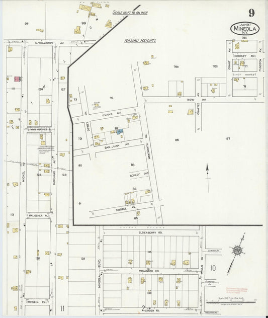 Sanborn Fire Insurance Map from Mineola, Nassau County, New York (1917), Sheet #0009 - Historic Sanborn Fire Insurance Map Print, vintage old map wall art, antique decor, genealogy gift, New York New York map
