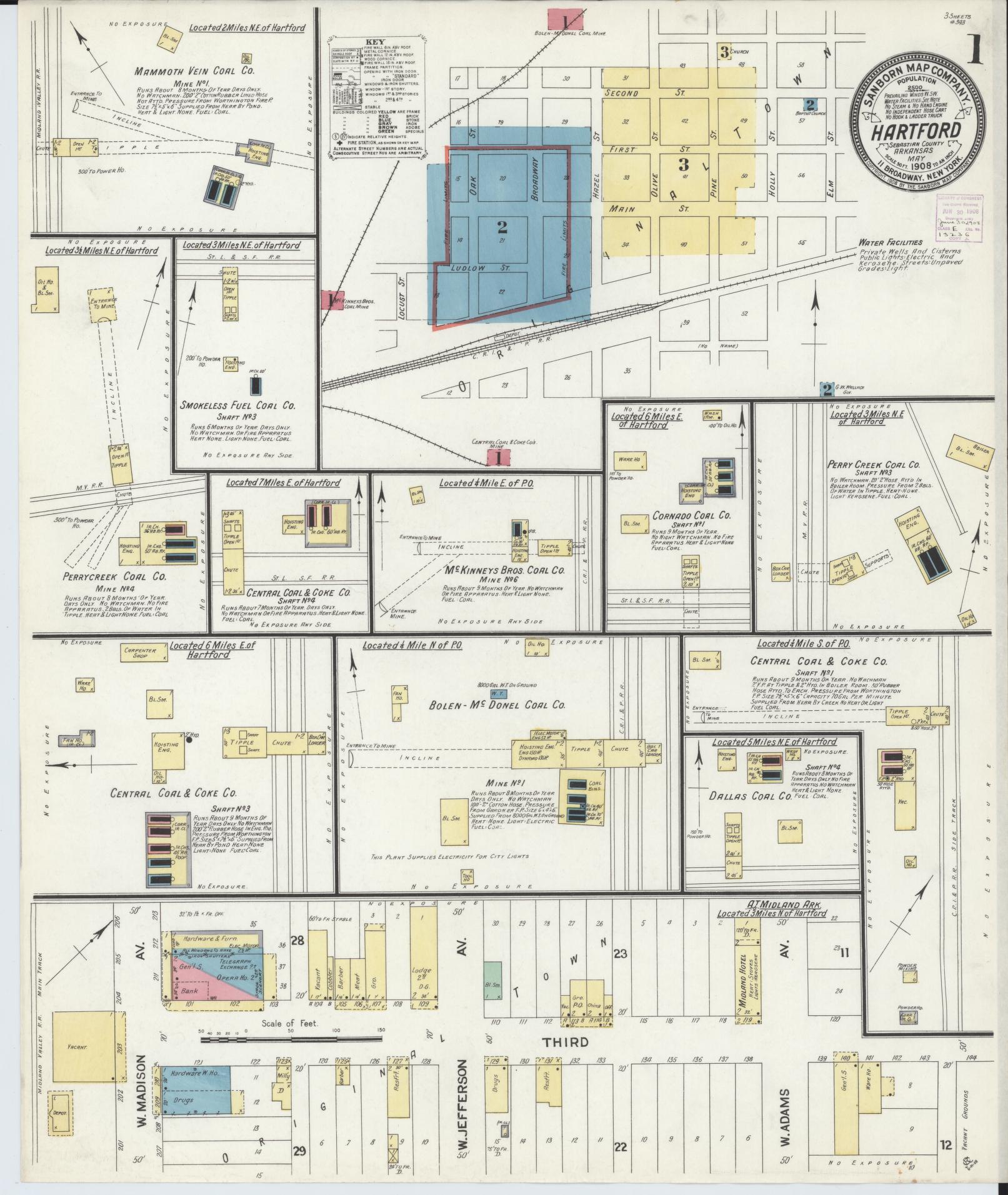 Sanborn Fire Insurance Map from Hartford, Sebastian County, Arkansas (1908), Sheet #0001 - Historic Sanborn Fire Insurance Map Print, vintage old map wall art, antique decor, genealogy gift, Arkansas Arkansas map