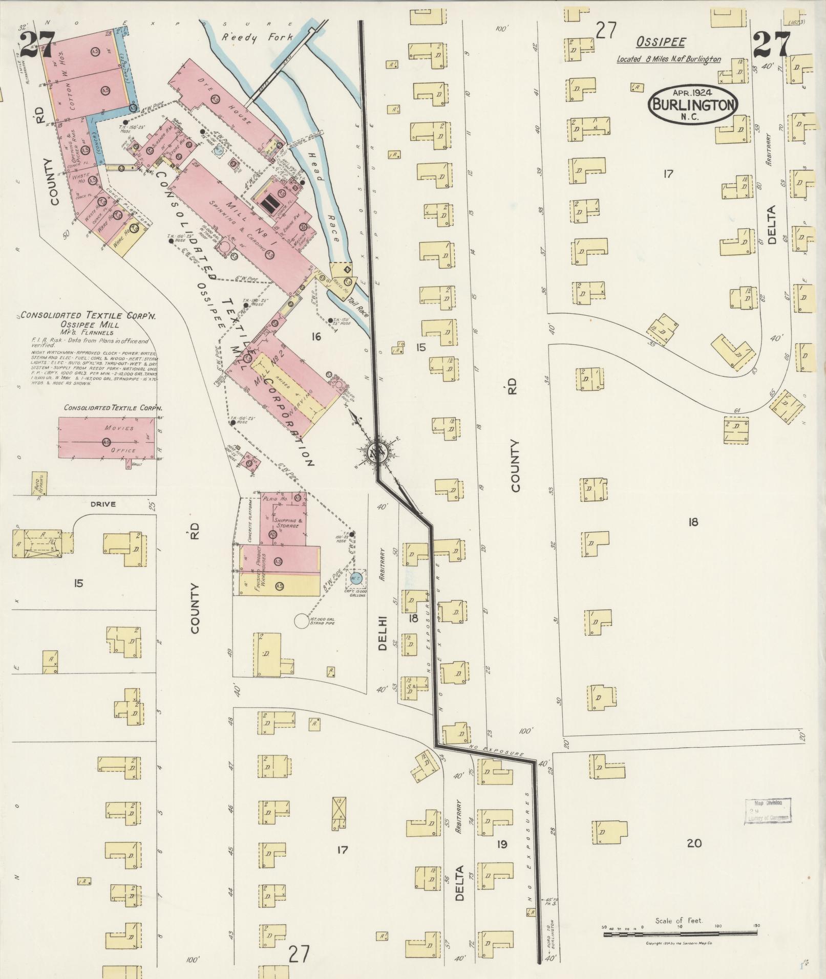Sanborn Fire Insurance Map from Burlington, Alamance County, North Carolina (1924), Sheet #0027 - Historic Sanborn Fire Insurance Map Print, vintage old map wall art, antique decor, genealogy gift, North Carolina North Carolina map