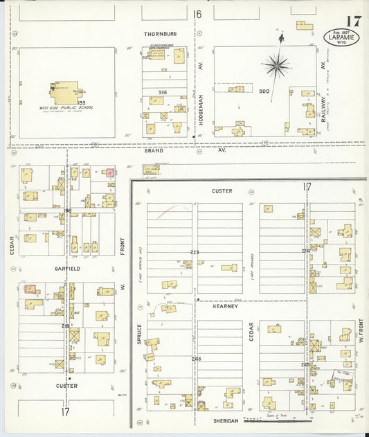 Sanborn Fire Insurance Map from Laramie, Albany County, Wyoming (1907), Sheet #0017 - Historic Sanborn Fire Insurance Map Print, vintage old map wall art, antique decor, genealogy gift, Wyoming Wyoming map
