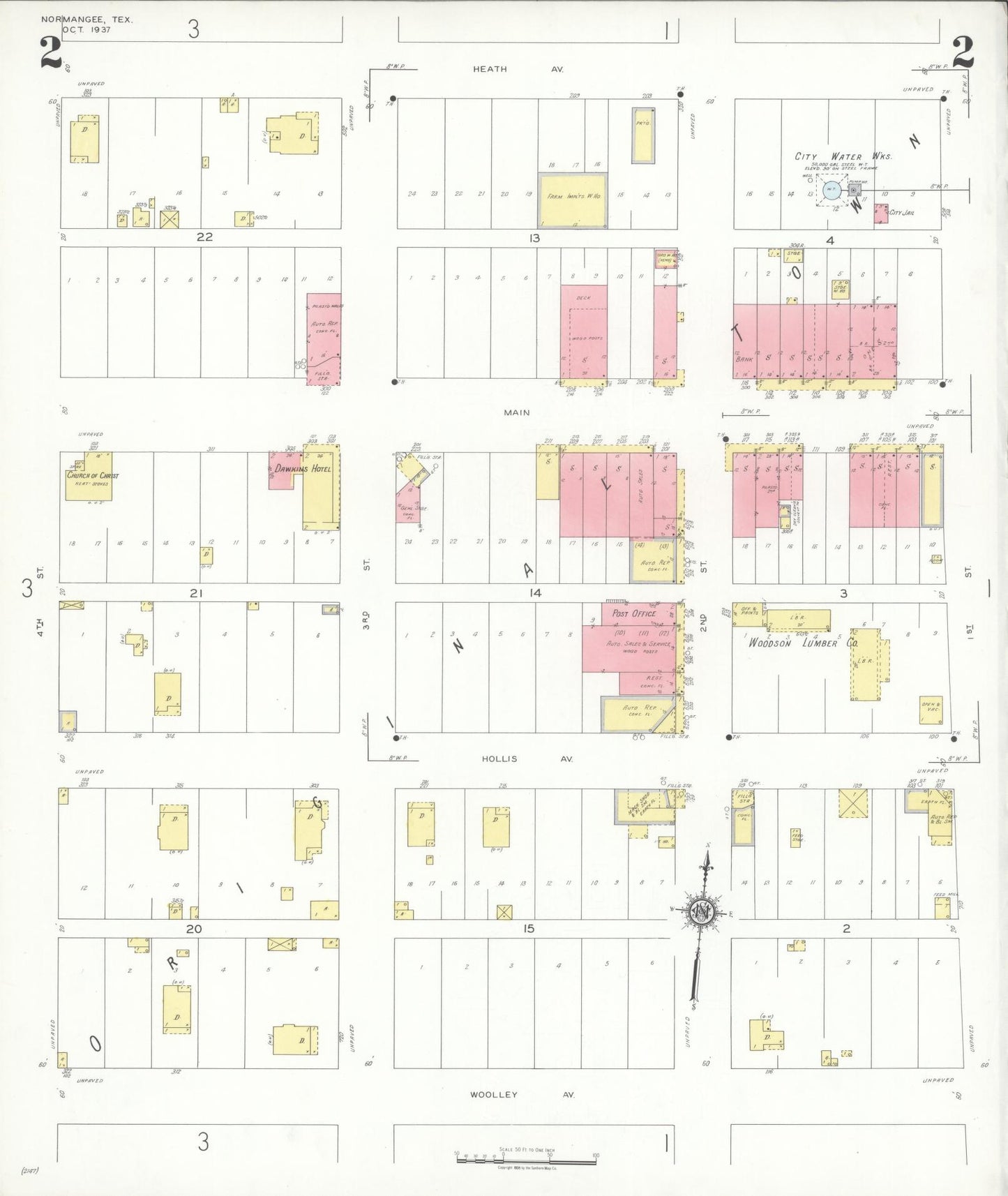 Sanborn Fire Insurance Map from Normangee, Leon County, Texas (1937), Sheet #0002 - Historic Sanborn Fire Insurance Map Print, vintage old map wall art, antique decor, genealogy gift, Texas Texas map