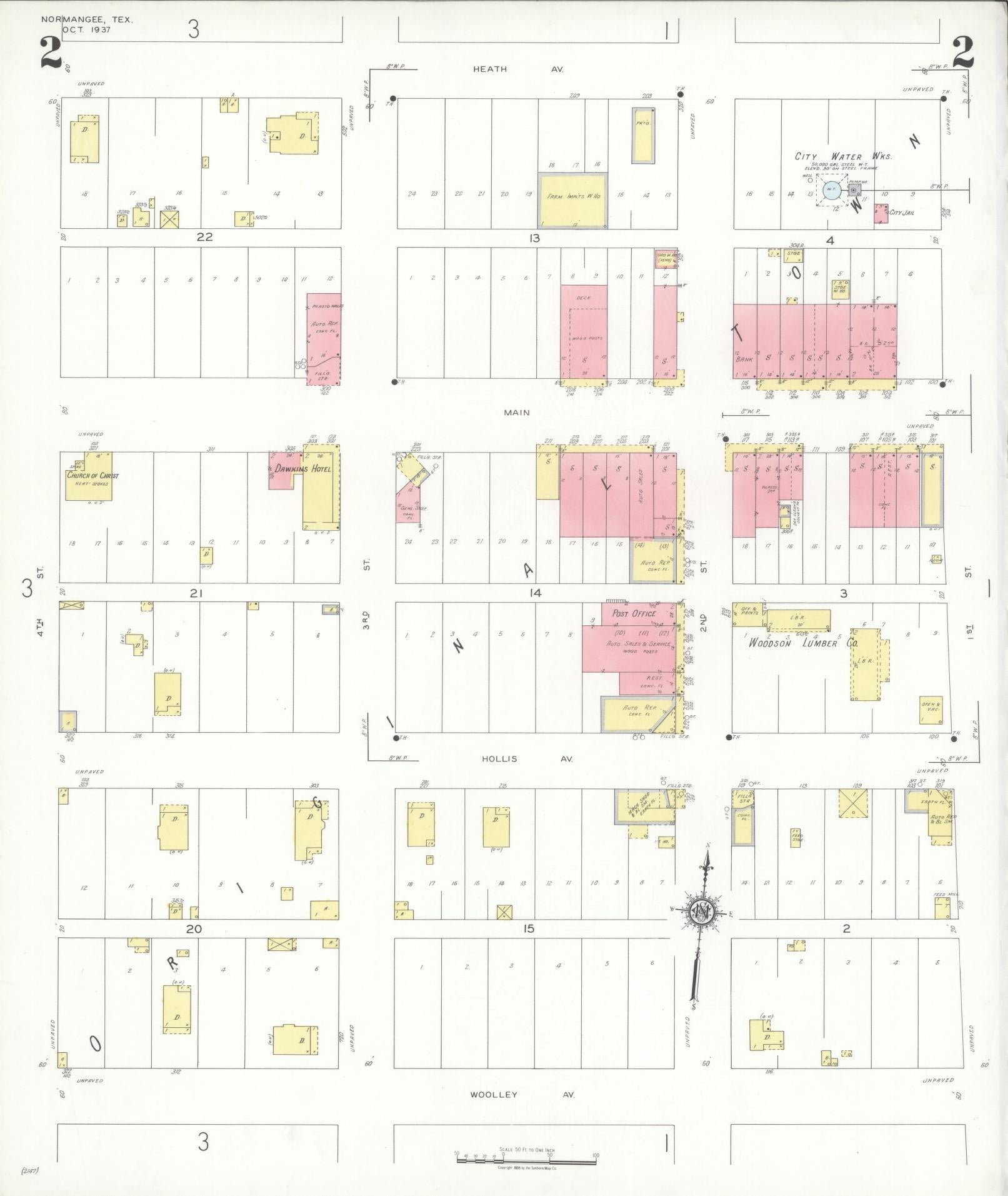Sanborn Fire Insurance Map from Normangee, Leon County, Texas (1937), Sheet #0002 - Historic Sanborn Fire Insurance Map Print, vintage old map wall art, antique decor, genealogy gift, Texas Texas map